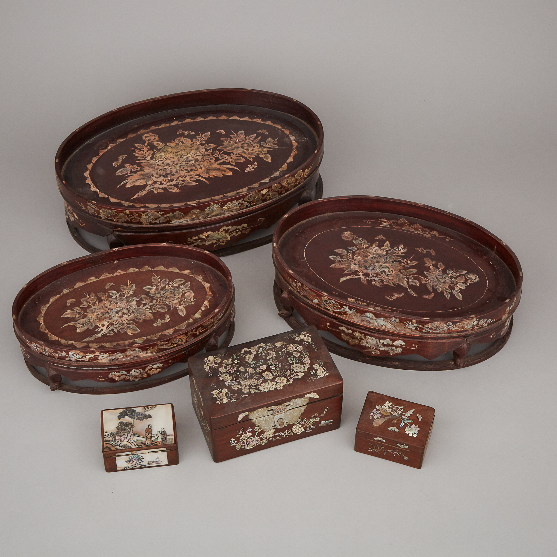 A Group of Six Mother-of-Pearl Inlaid Boxes and Trays, 19th/Early 20th Century