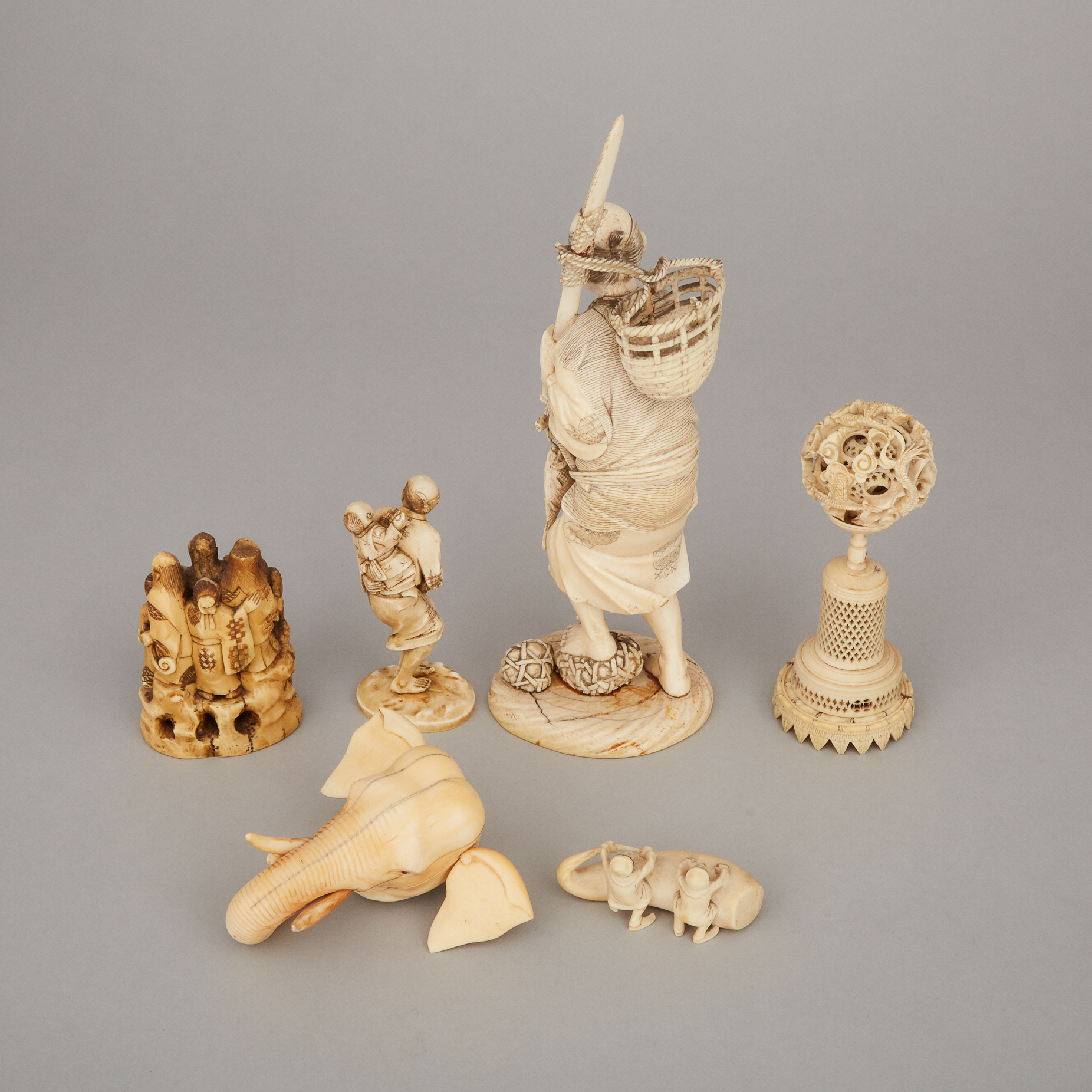 A Group of Six Japanese Ivory Carved Items, Late 19th/Early 20th Century