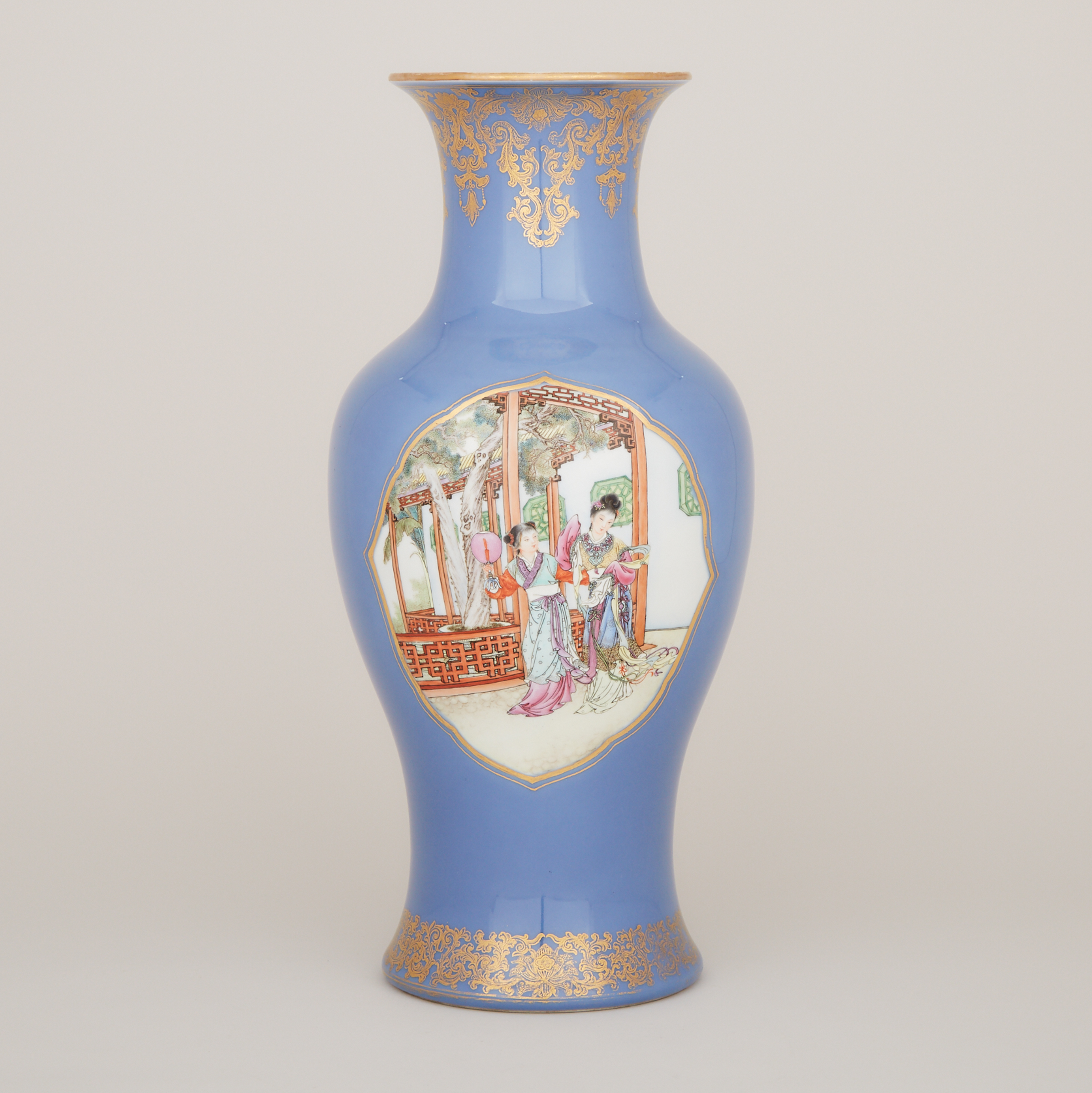 A Blue Ground Famille Rose Vase, Mid-20th Century