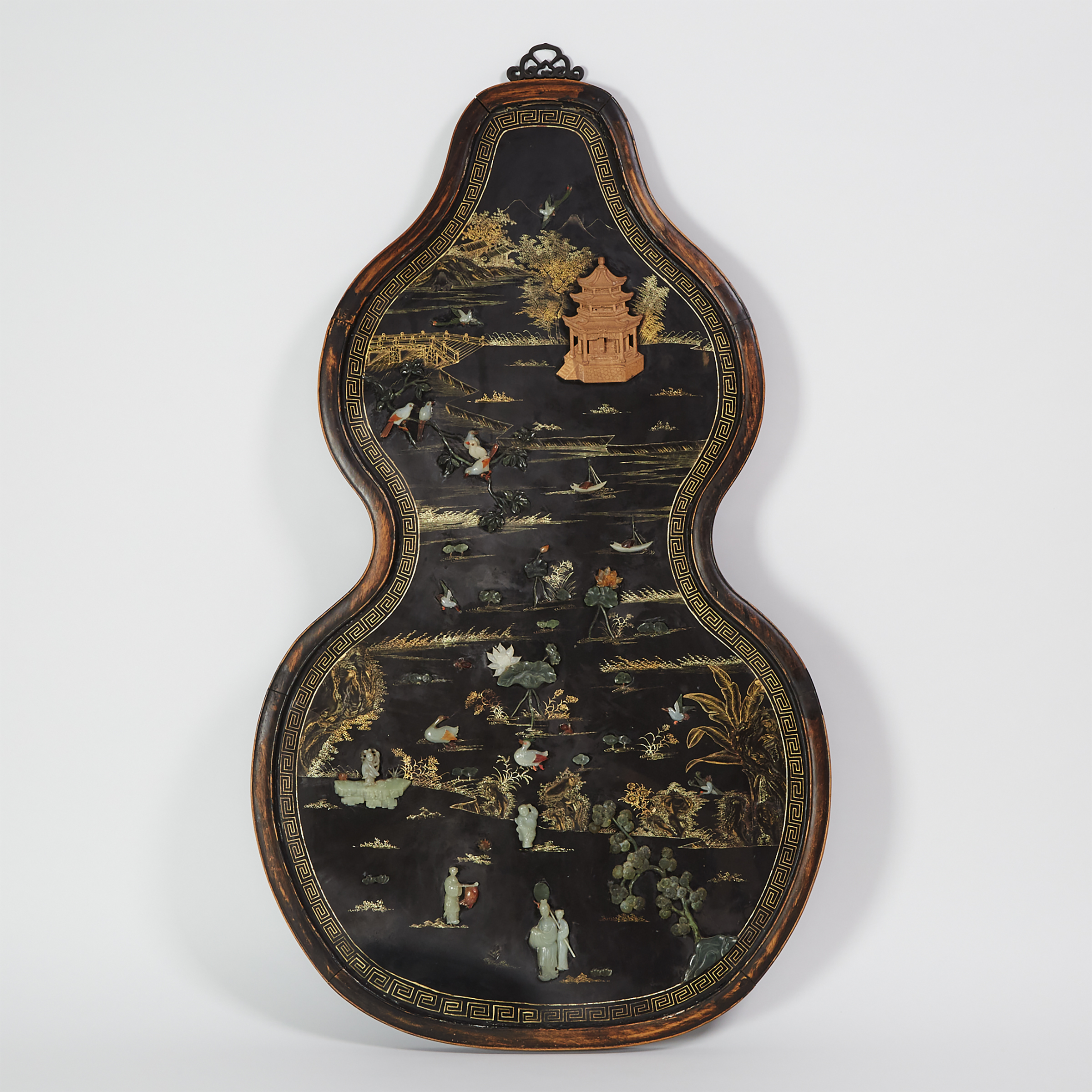 A Jade Inlaid and Gilt Decorated Black Lacquer Panel