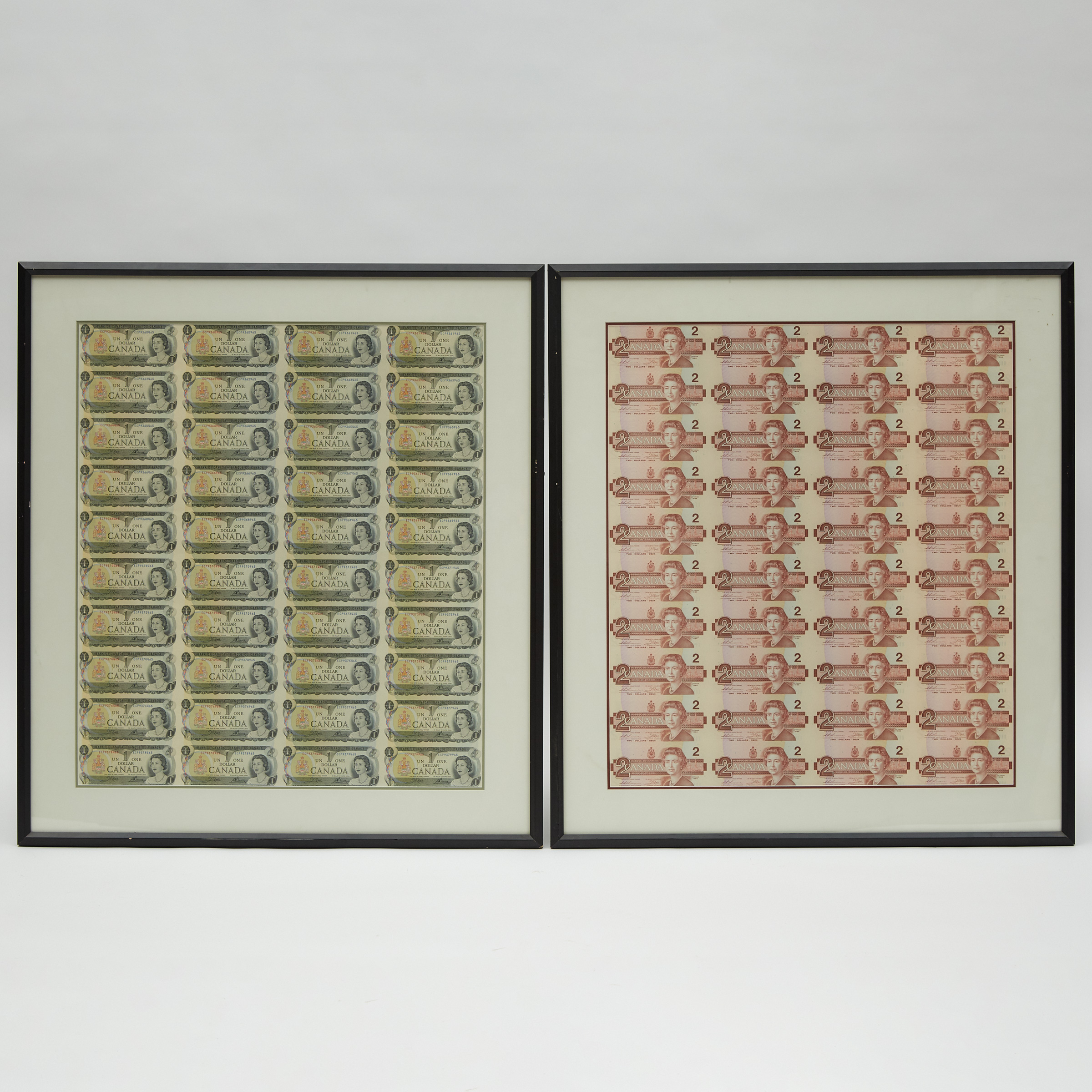 Uncut Canadian $1 (1973) and $2 (1986) Banknote Sheets