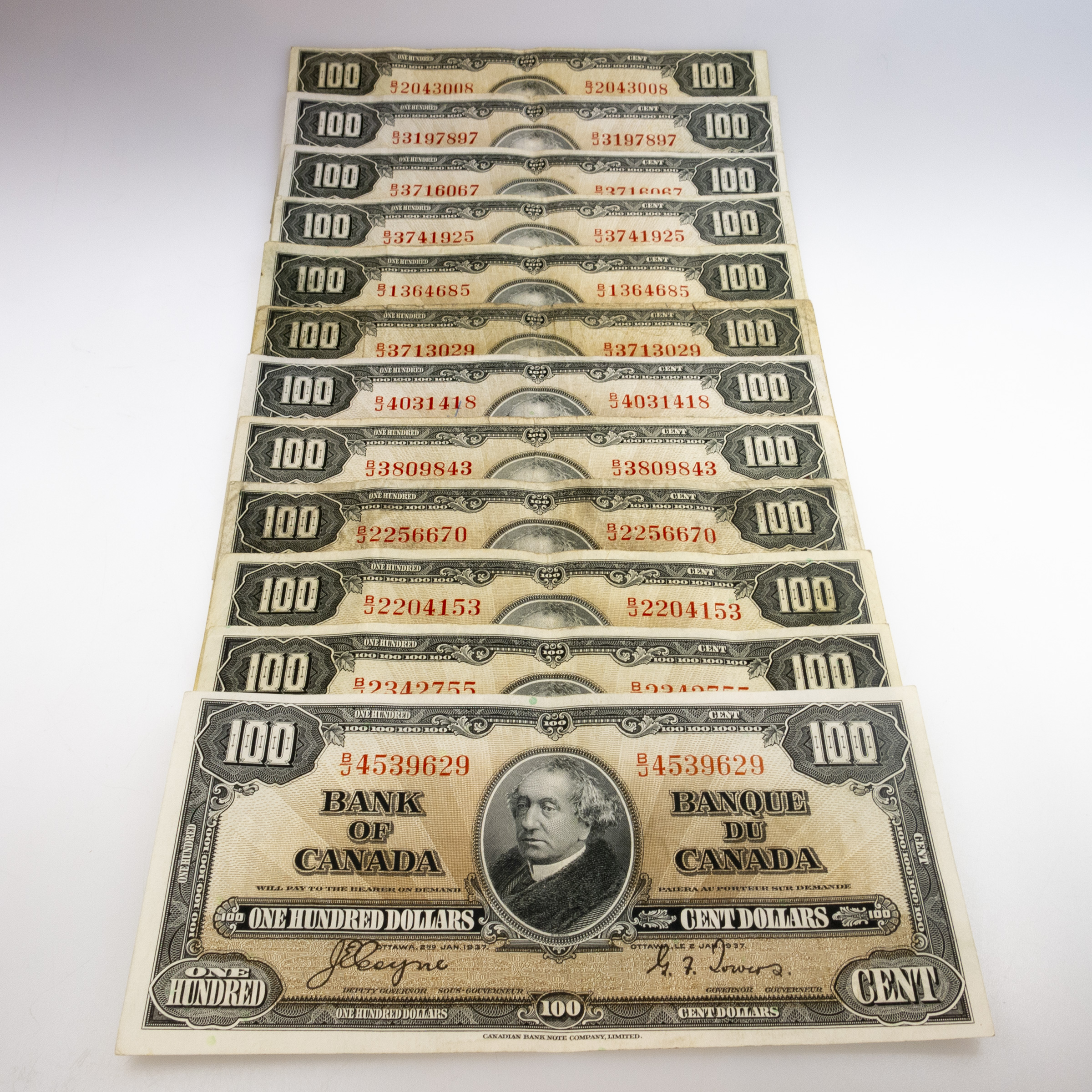 12 Canadian 1937 $100 Banknotes