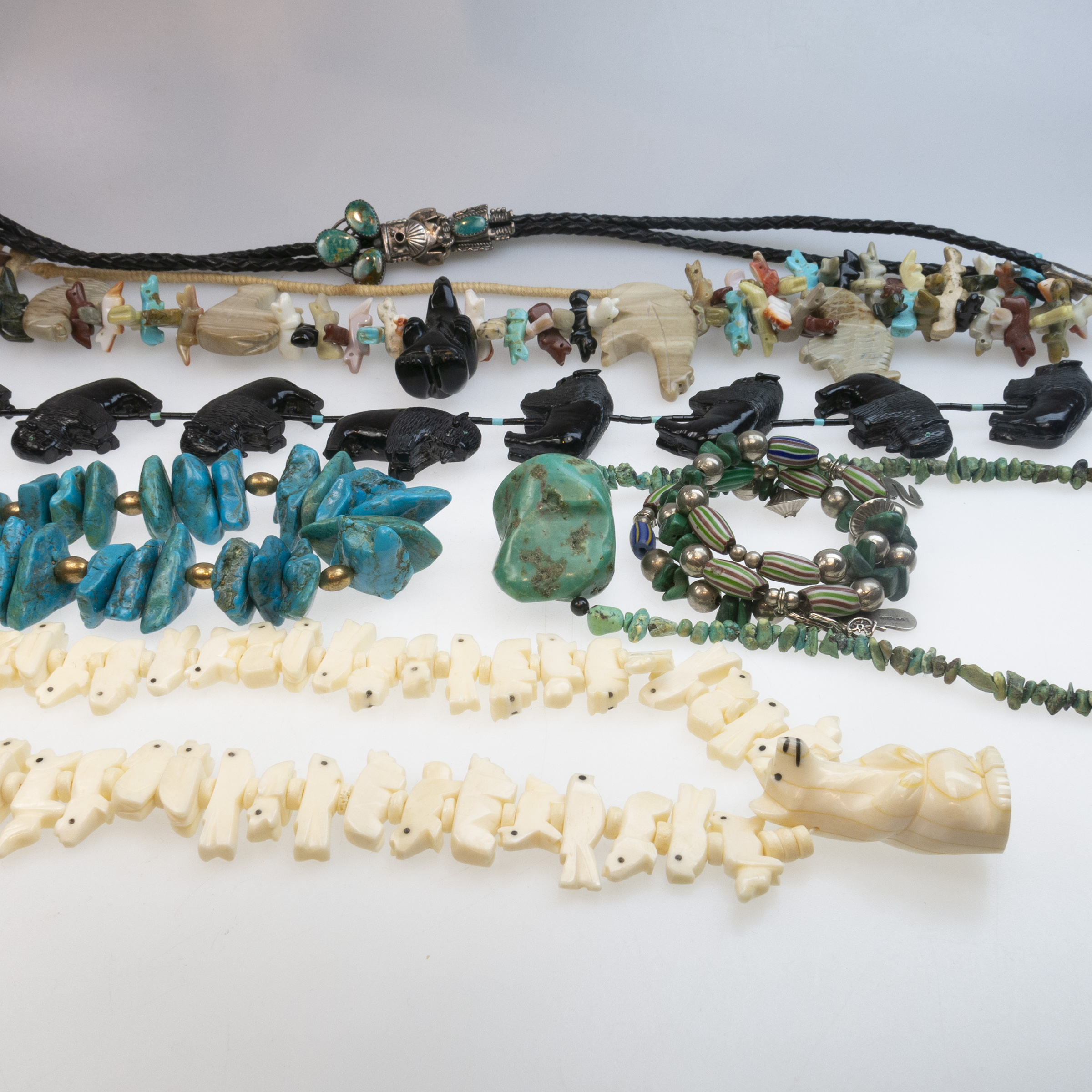 Five Various Turquoise, Agate, Walrus Ivory and Composition Necklaces