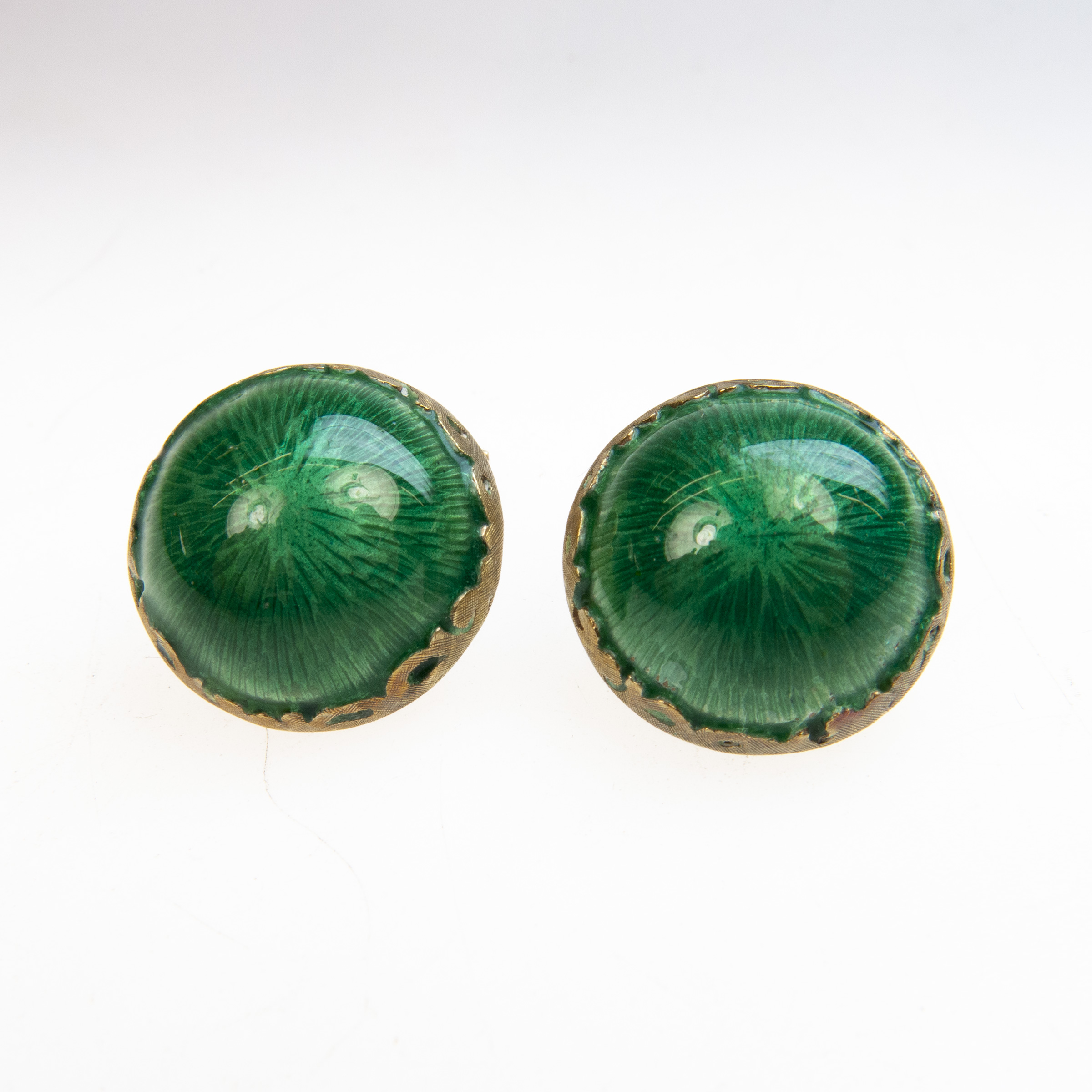 Pair Of 14k Yellow Gold and Green Enamel Cufflinks