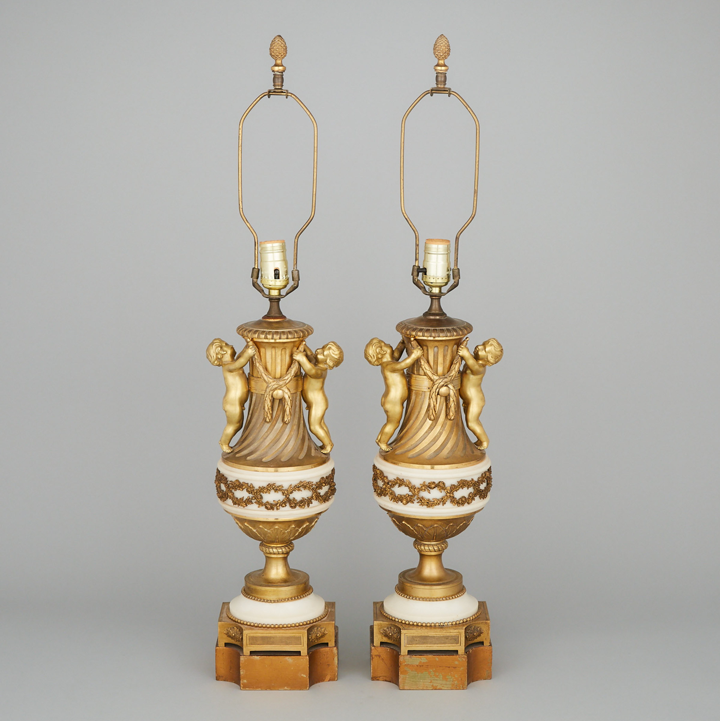 Pair of Louis XVI Style White Marble Mounted Gilt Bronze Table Lamps, mid 20th century
