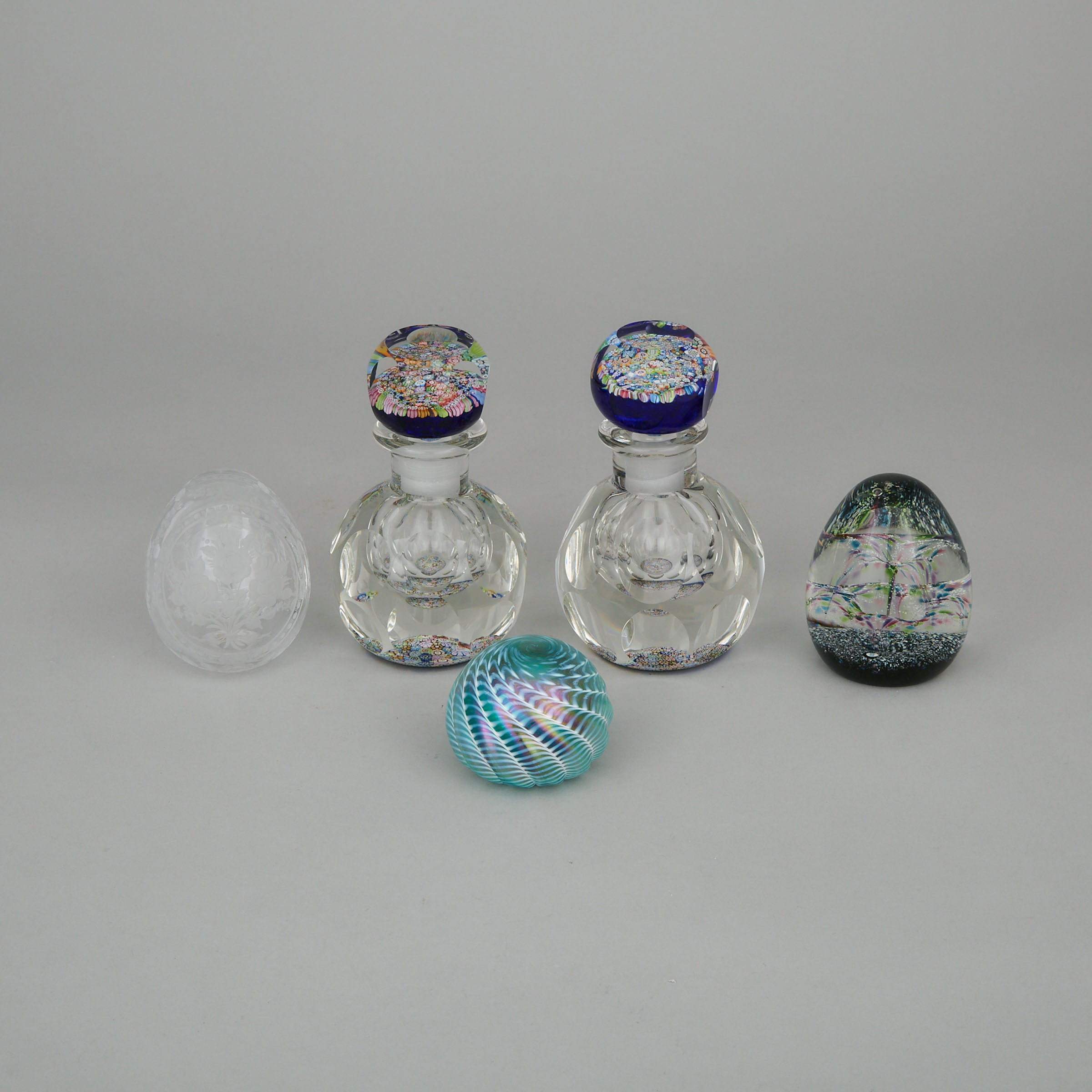 Pair of Perthshire Millefiori Faceted Glass Inkwells and Stoppers together with Three Various Paperweights, 20th century