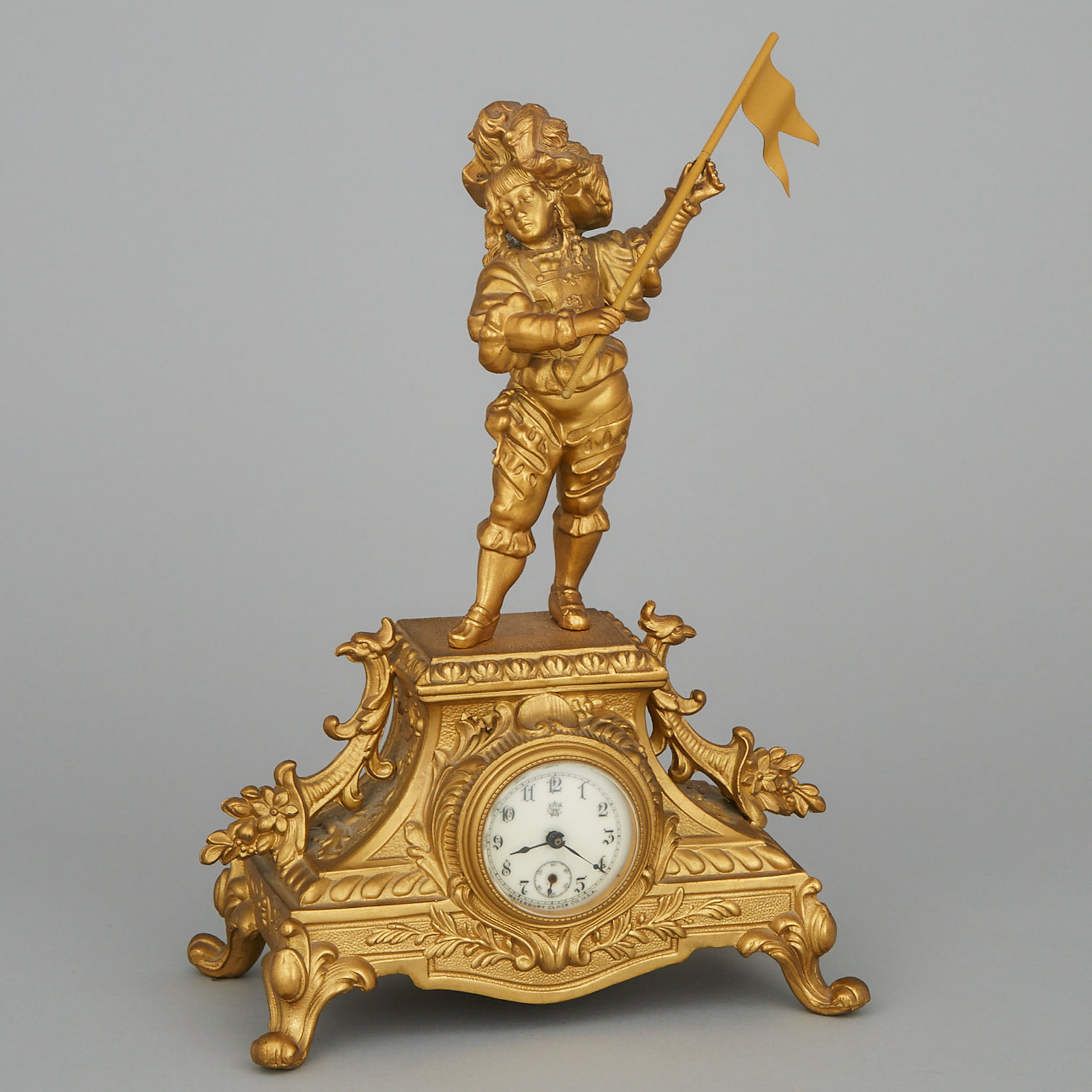 Small American GIlt Metal Figural Desk Clock, Waterbury Clock Co., New York, 19th century`