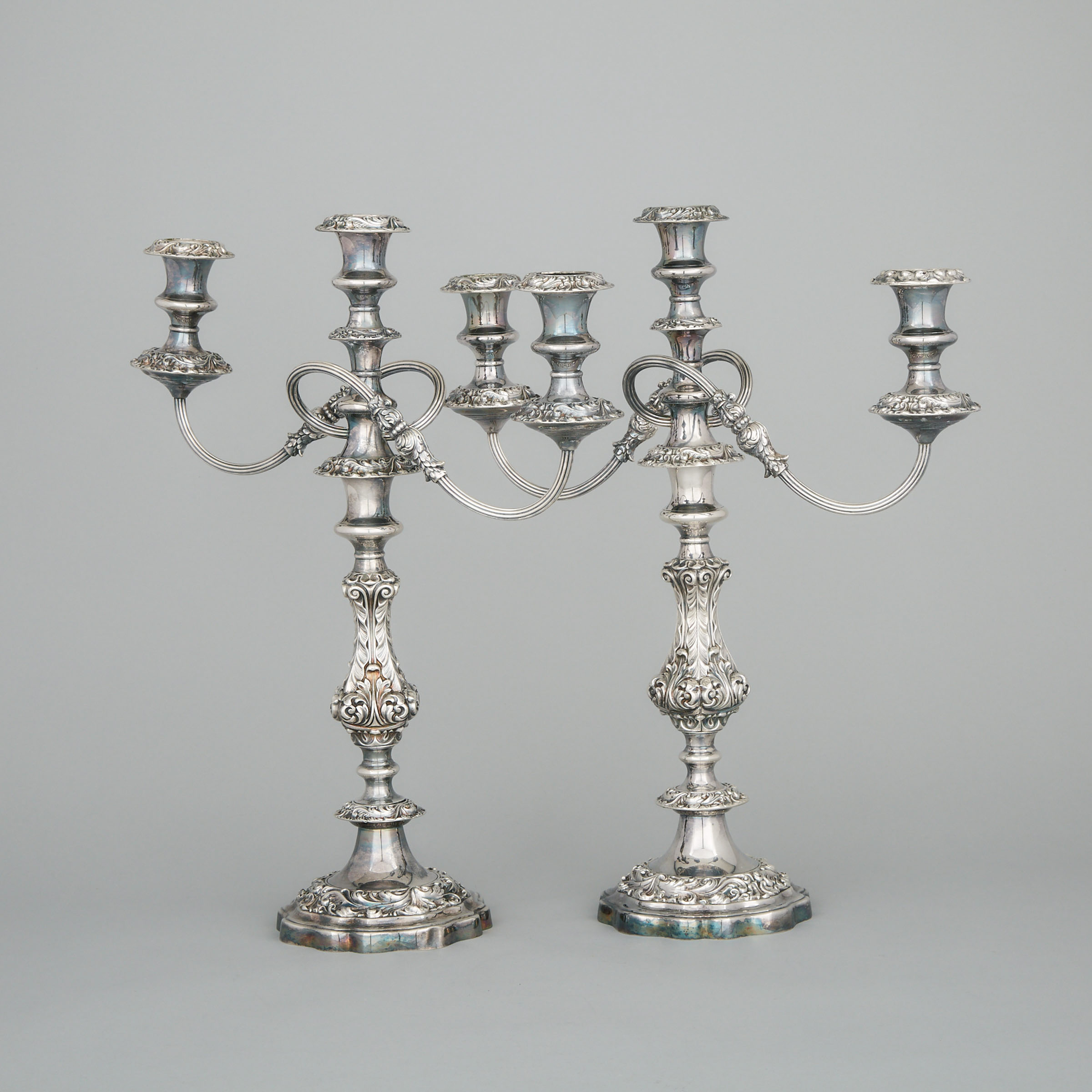 Pair of English 'Regency' Silver Plated Three-Light Candelabra, for Henry Birks & Sons, 20th century 