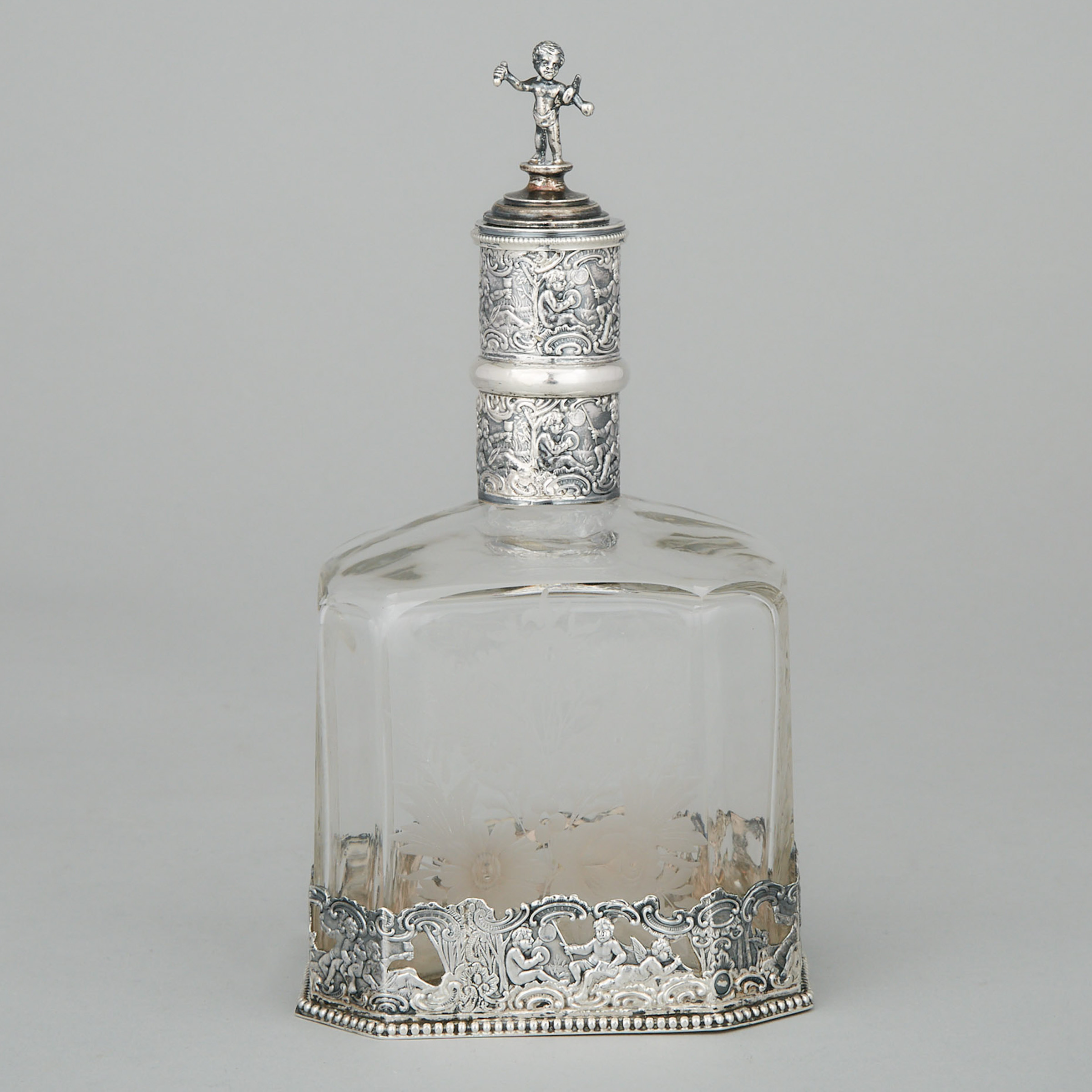German Silver Mounted Etched Glass Decanter, Hanau, c.1900