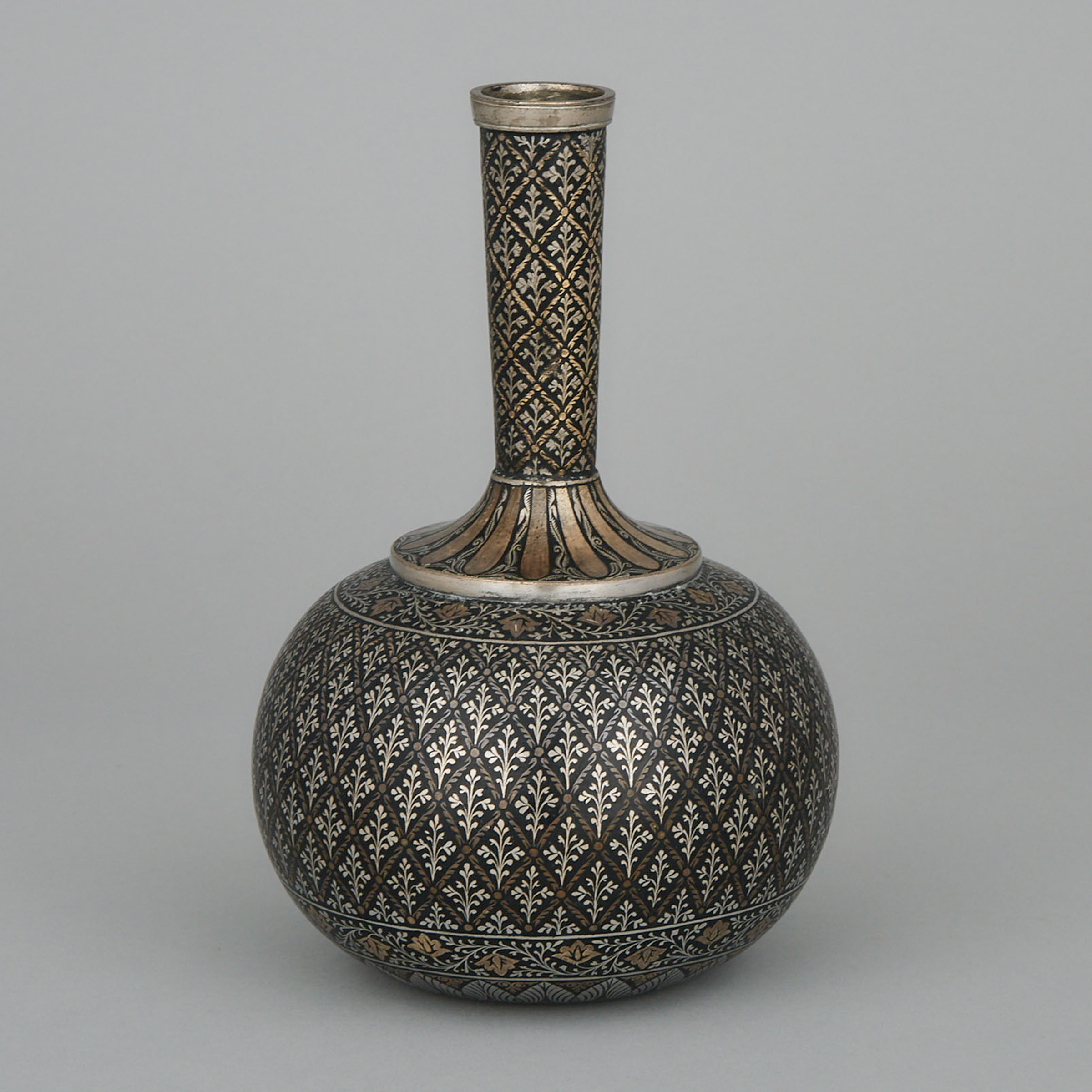 Kashmiri Damascened and Champleve Enamelled Bottle Vase, early 20th century