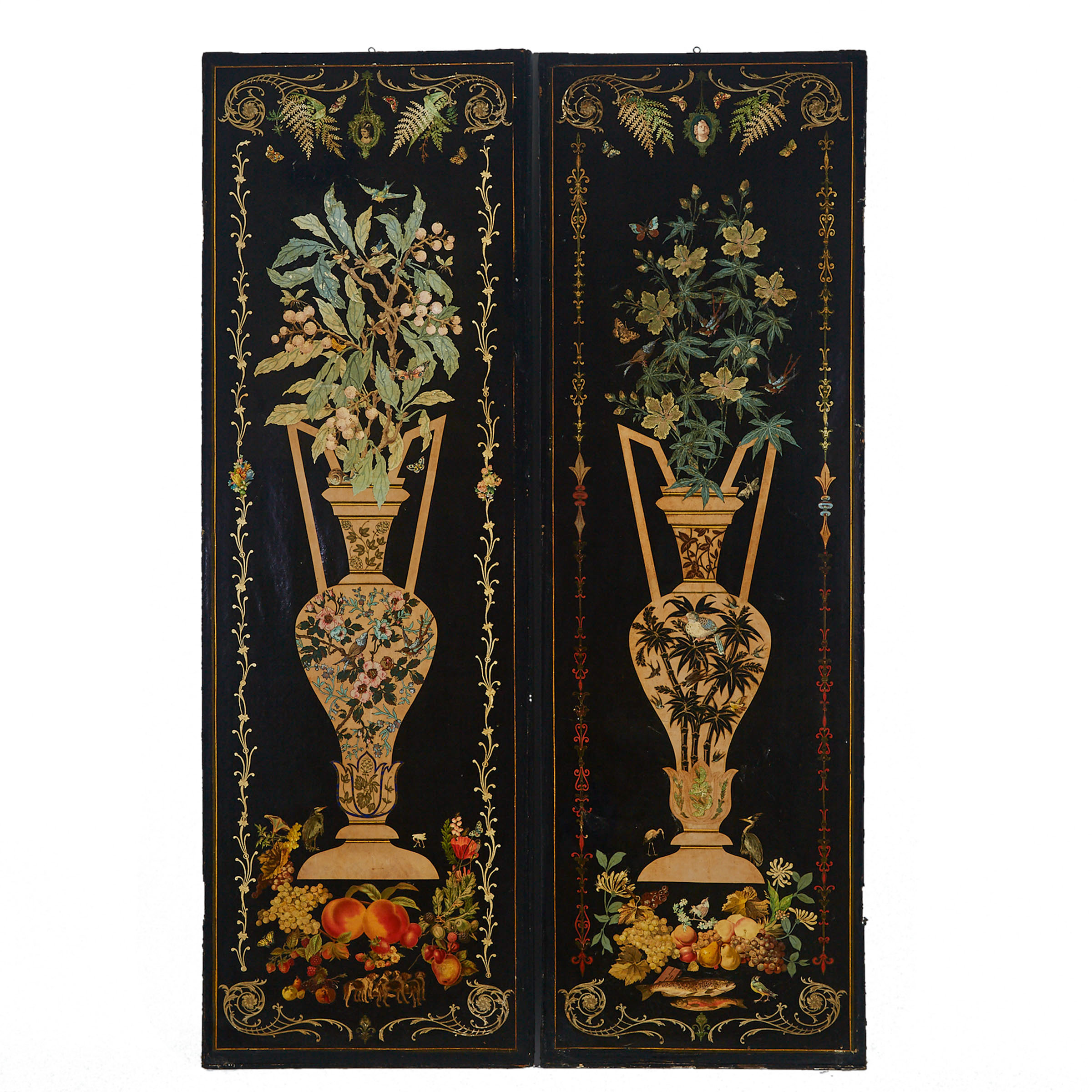 Pair of Victorian Decoupage Leather Screen Panels, 19th century