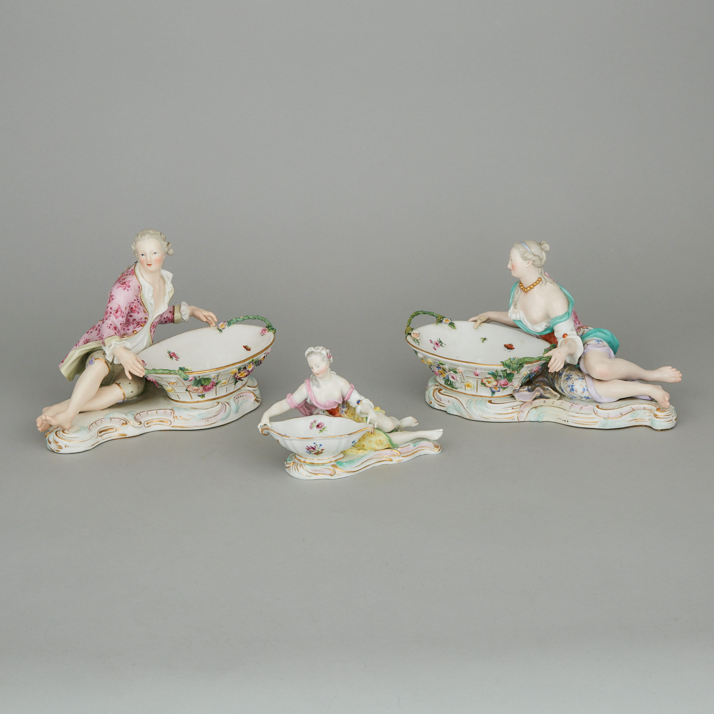 Pair of Meissen Figural Sweetmeat Dishes and Another Smaller, late 19th/early 20th century