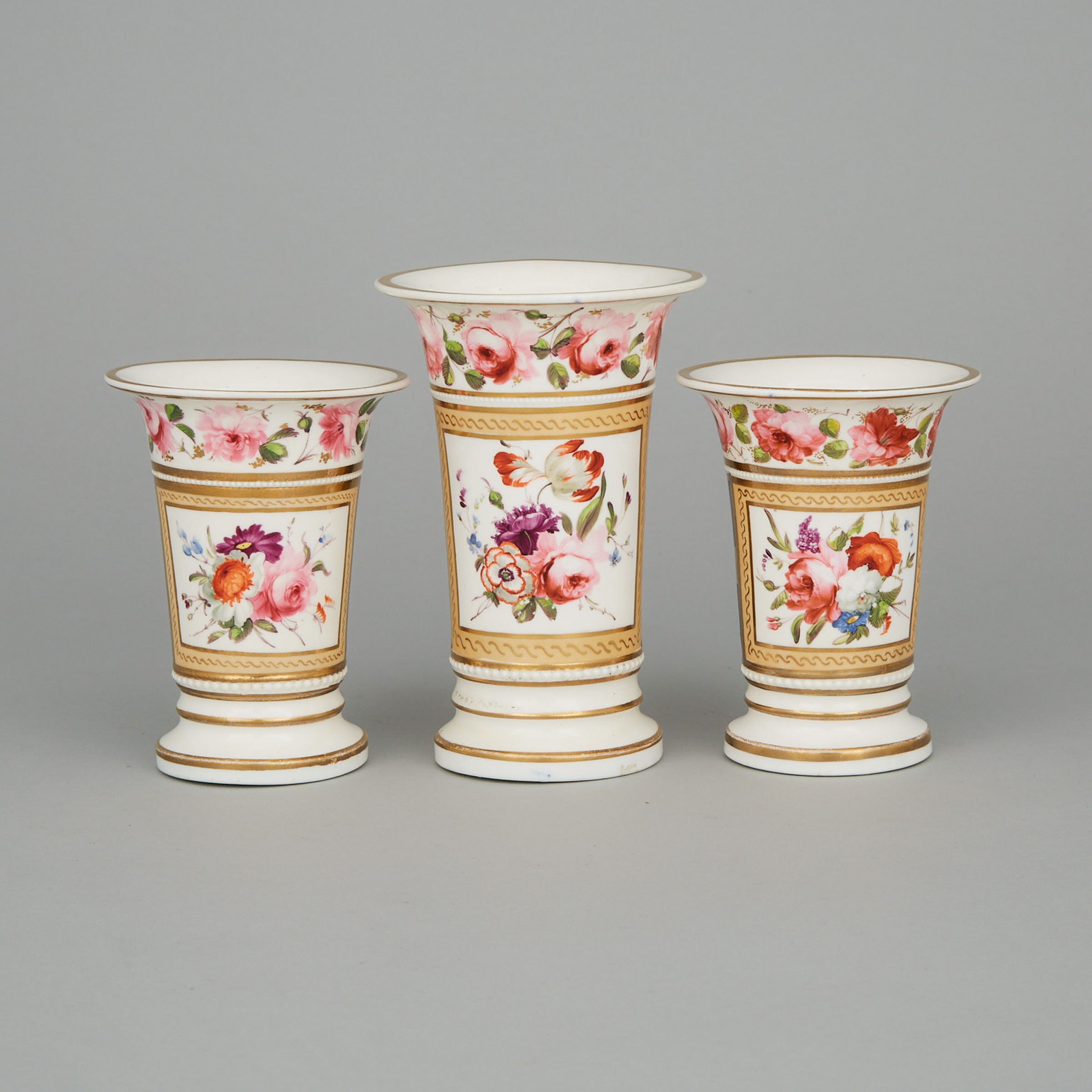English Porcelain Garniture of Three Spill Vases, 19th century
