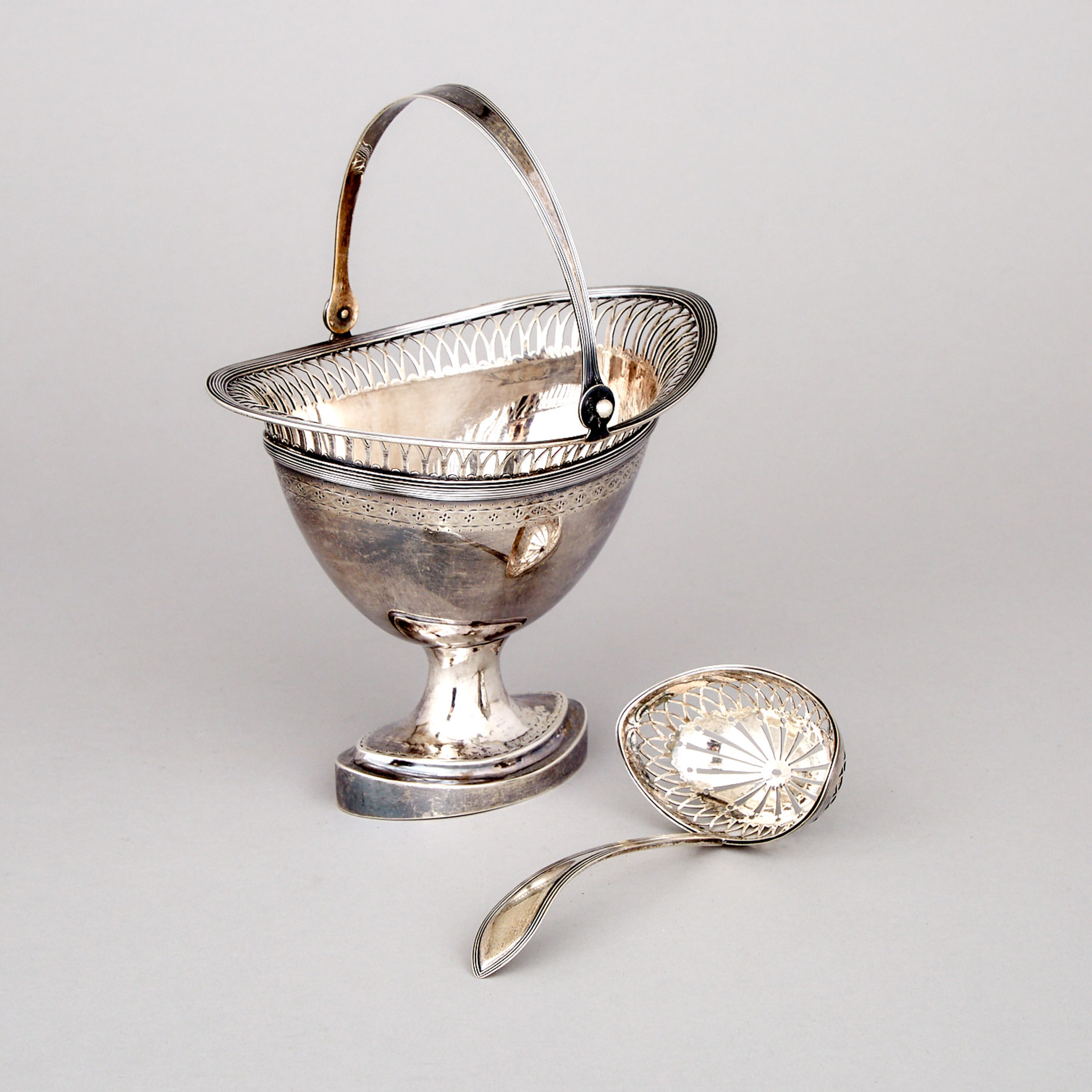 Dutch Silver Oval Sugar Basket with Sifting Ladle, Amsterdam, 1858