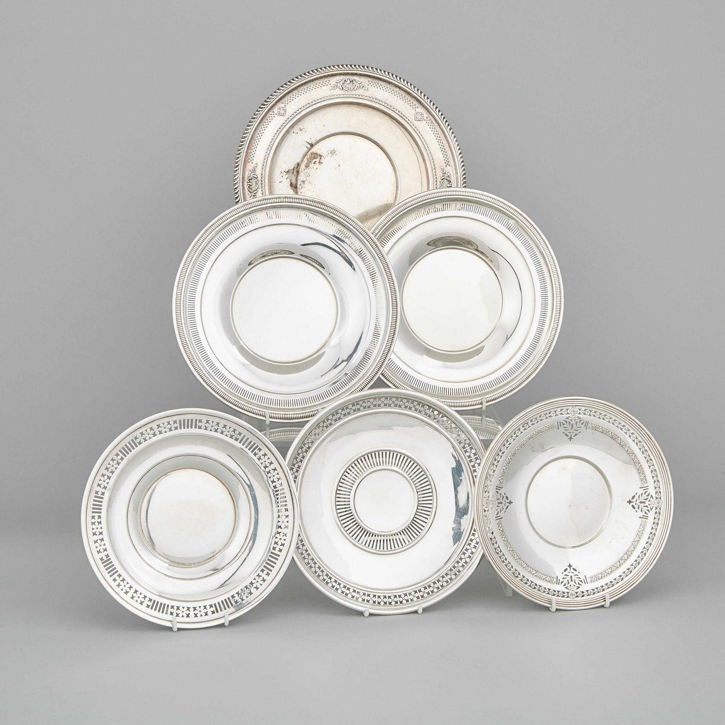 Six North American Silver Pierced Cake Plates, 20th century