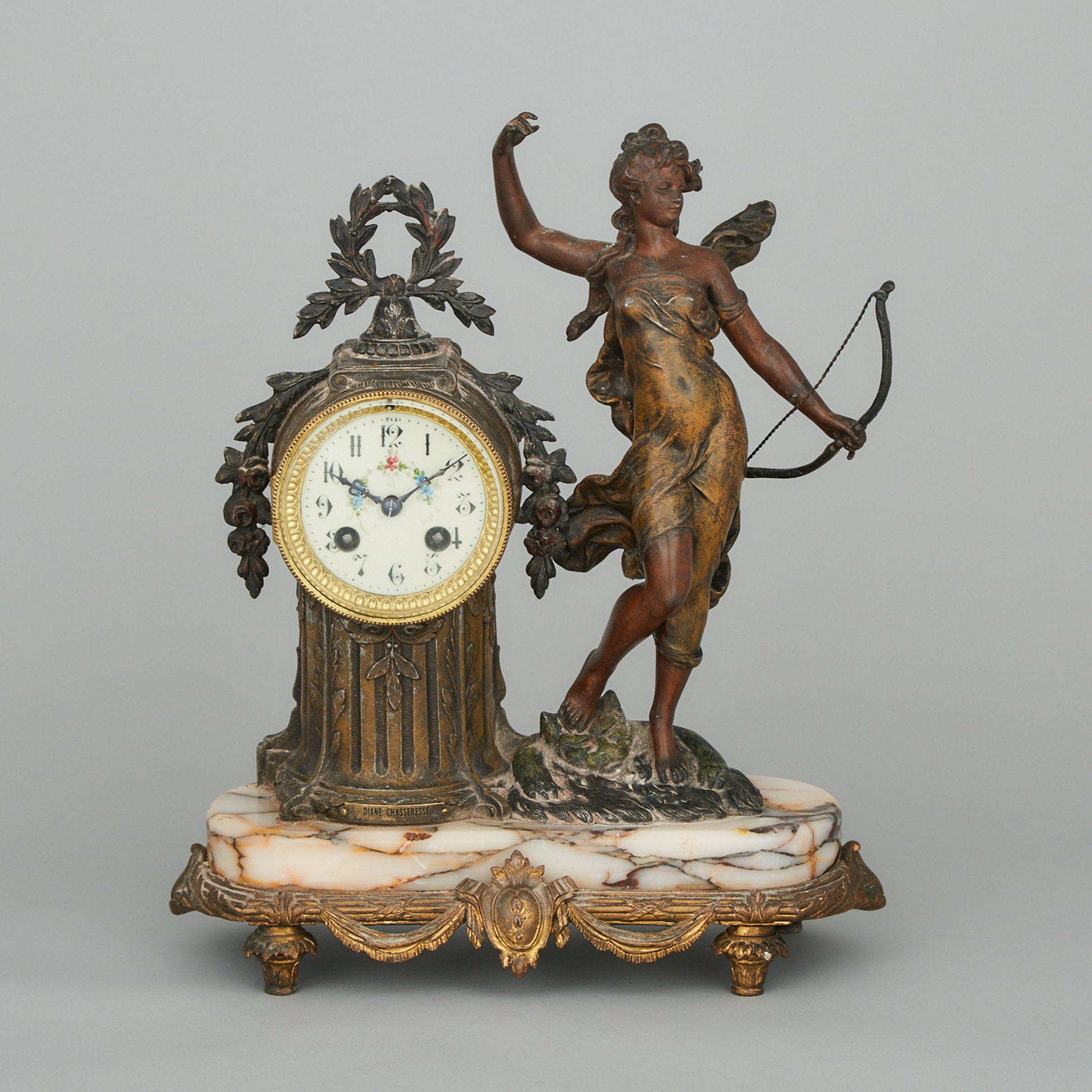 French Patinated White Metal Figural Mantle Clock, 19th/early 20th century
