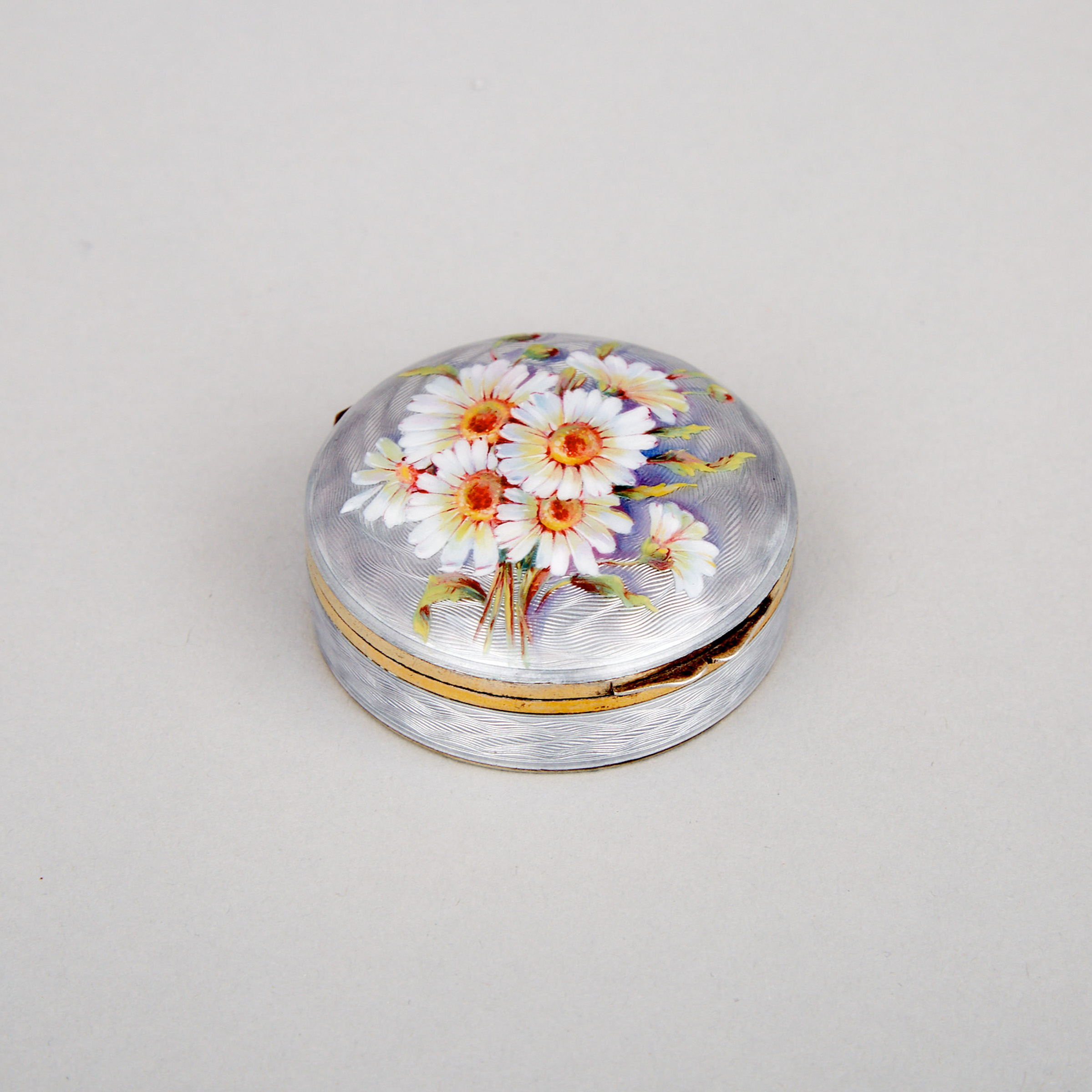 Continental Silver and Painted Guilloché Enamel Circular Box, early 20th century