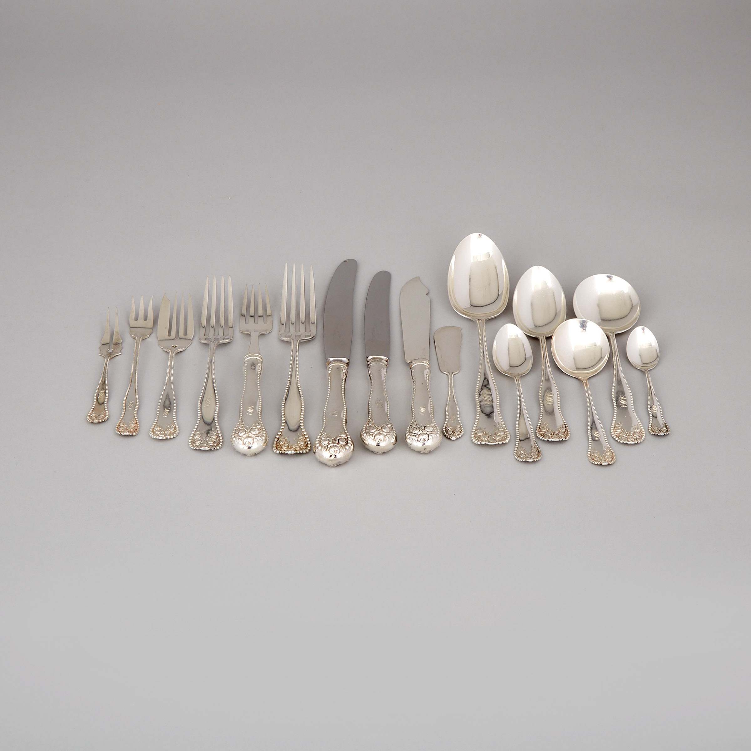 American Silver 'Lancaster' Flatware Service, mainly Gorham Mfg. Co., Providence, R.I., late 19th/early 20th century