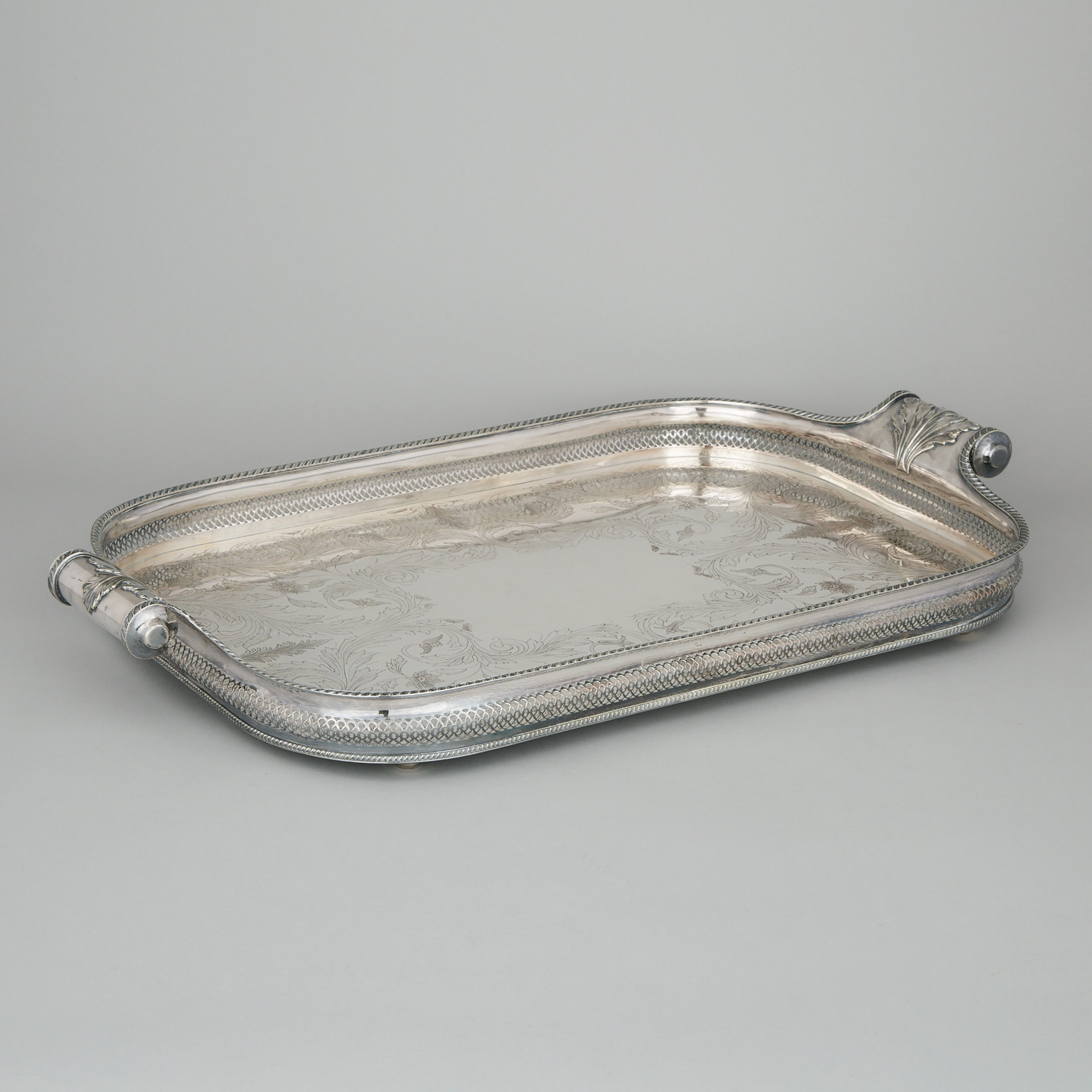 English Silver Plated Galleried Serving Tray, 20th century