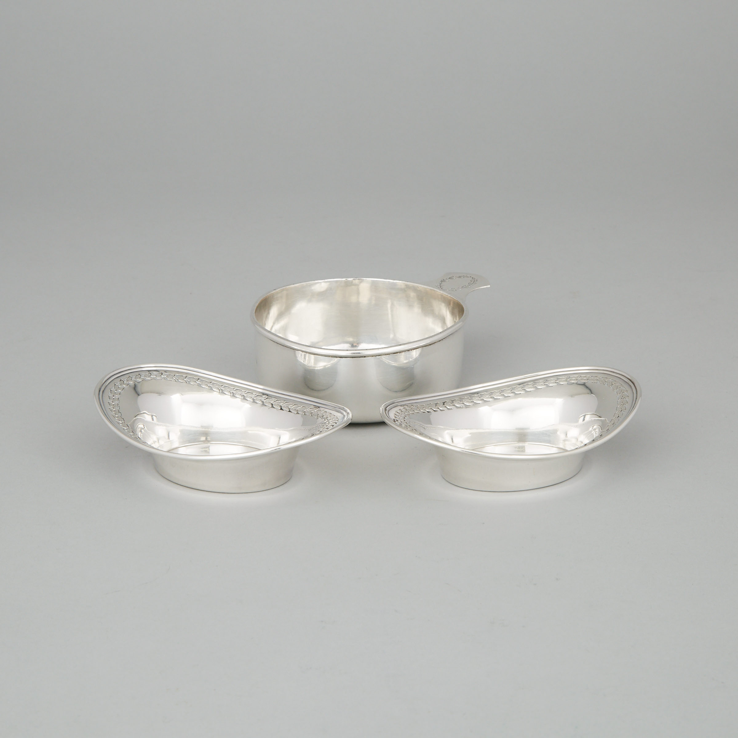 Canadian Silver Porringer and Pair of Pierced Oval Almond Dishes, Henry Birks & Sons, Montreal, Que., c.1904-24
