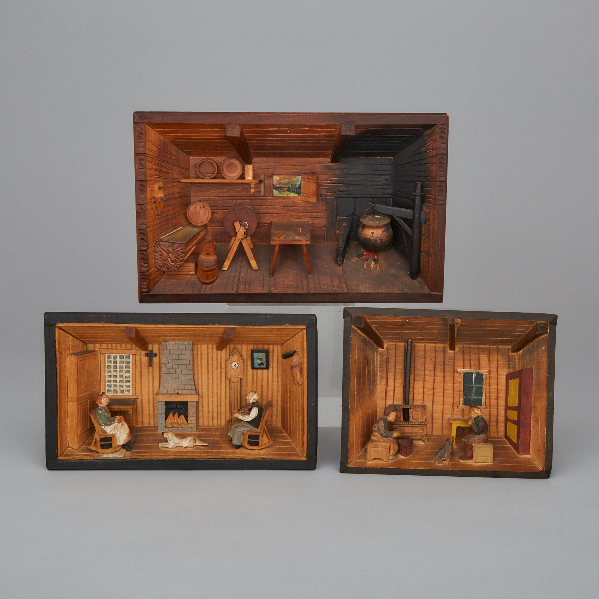 Three Quebec Folk Art Dioramas, Saint-Jean-Port-Joli, early-mid 20th century