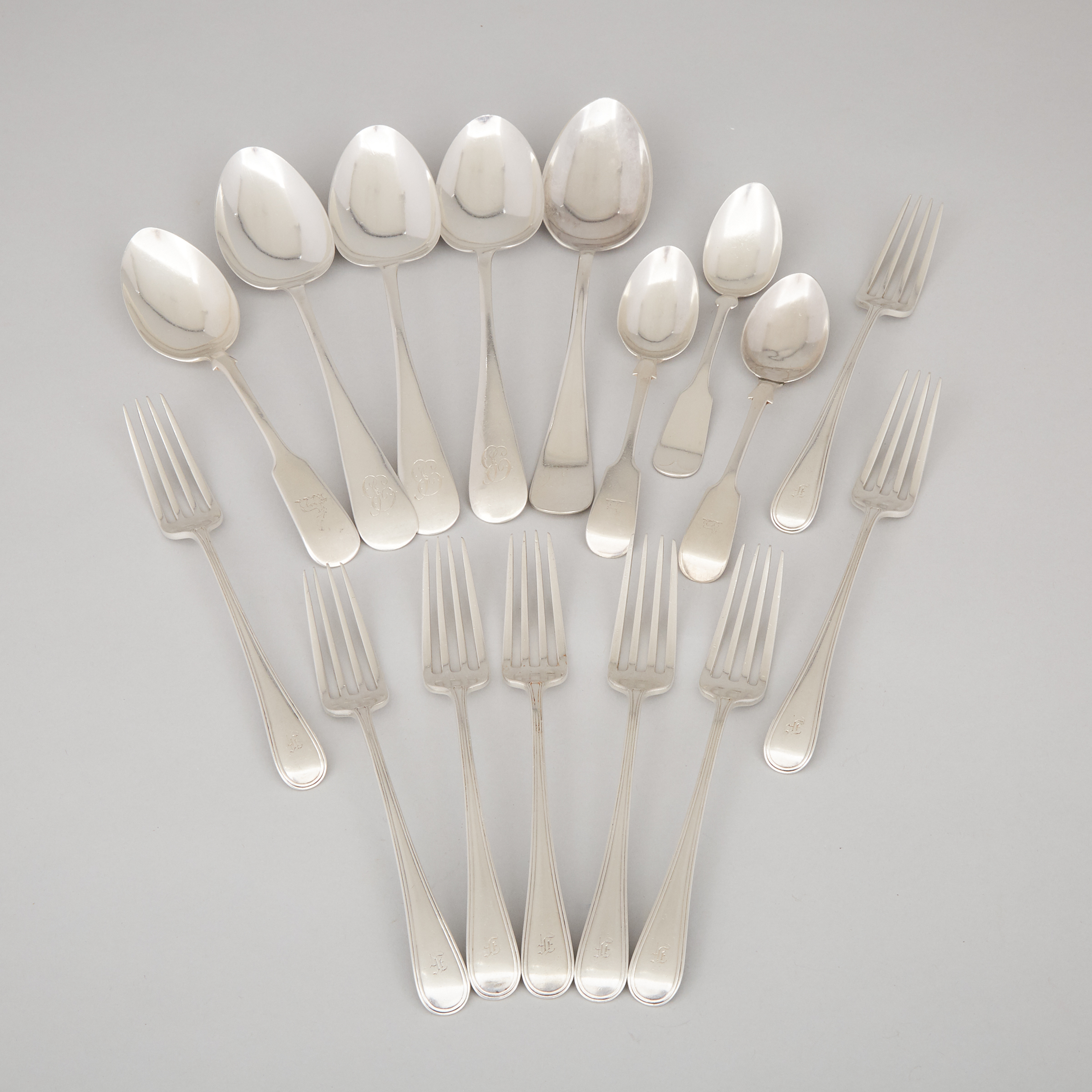 Group of Canadian Silver Flatware, Ryrie Bros., J.E. Ellis & Co., and Roden Bros., Toronto, Ont., 19th century