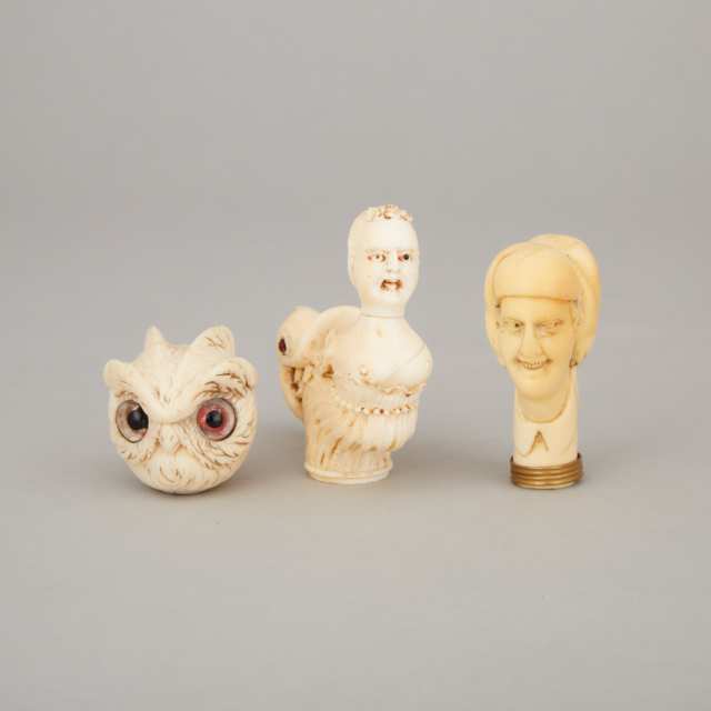Three Victorian Carved Ivory Parasol Handles, mid 19th century