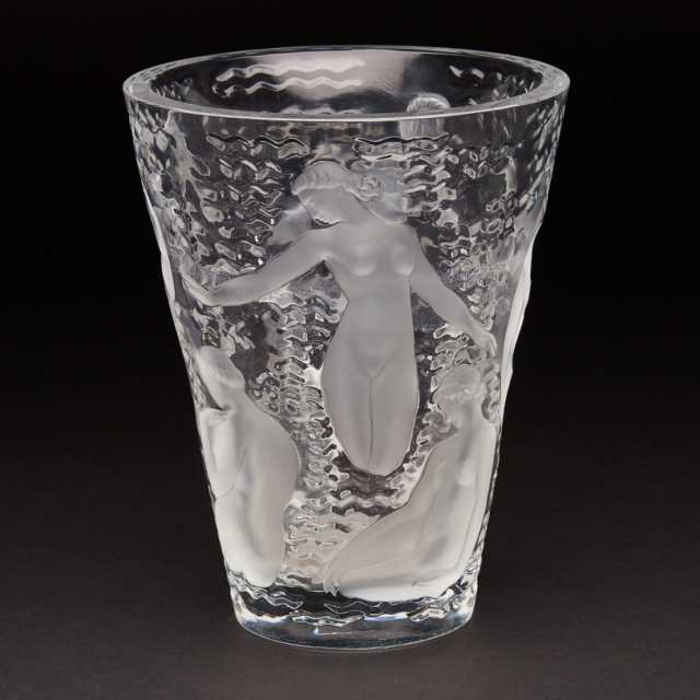 ‘Ondines’, Lalique Moulded and Partly Frosted Glass Vase, post-1945