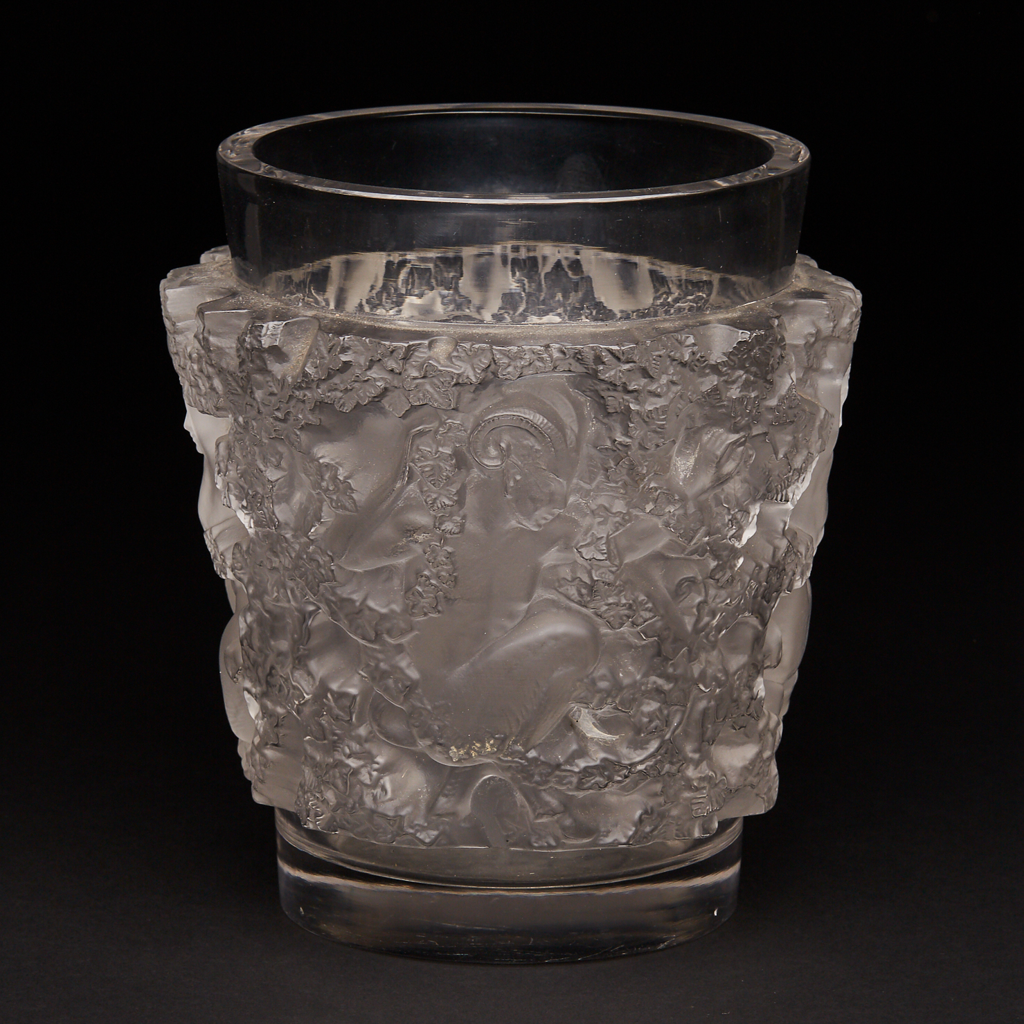 ‘Bacchus’, Lalique Moulded and Partly Frosted Glass Vase, post-1945