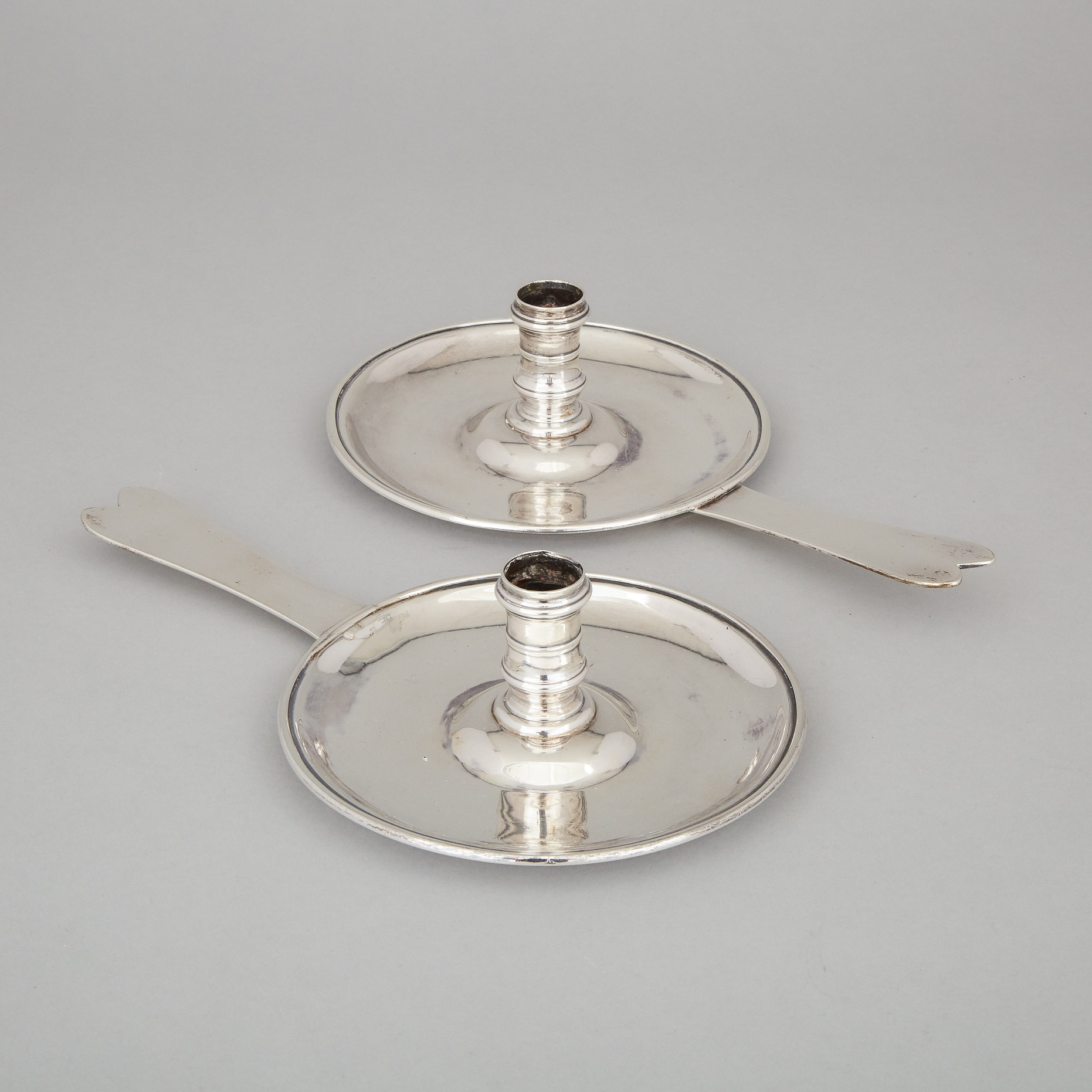 Pair of George III Silver Chamber Candlesticks, Augustin Le Sage, London, 1768