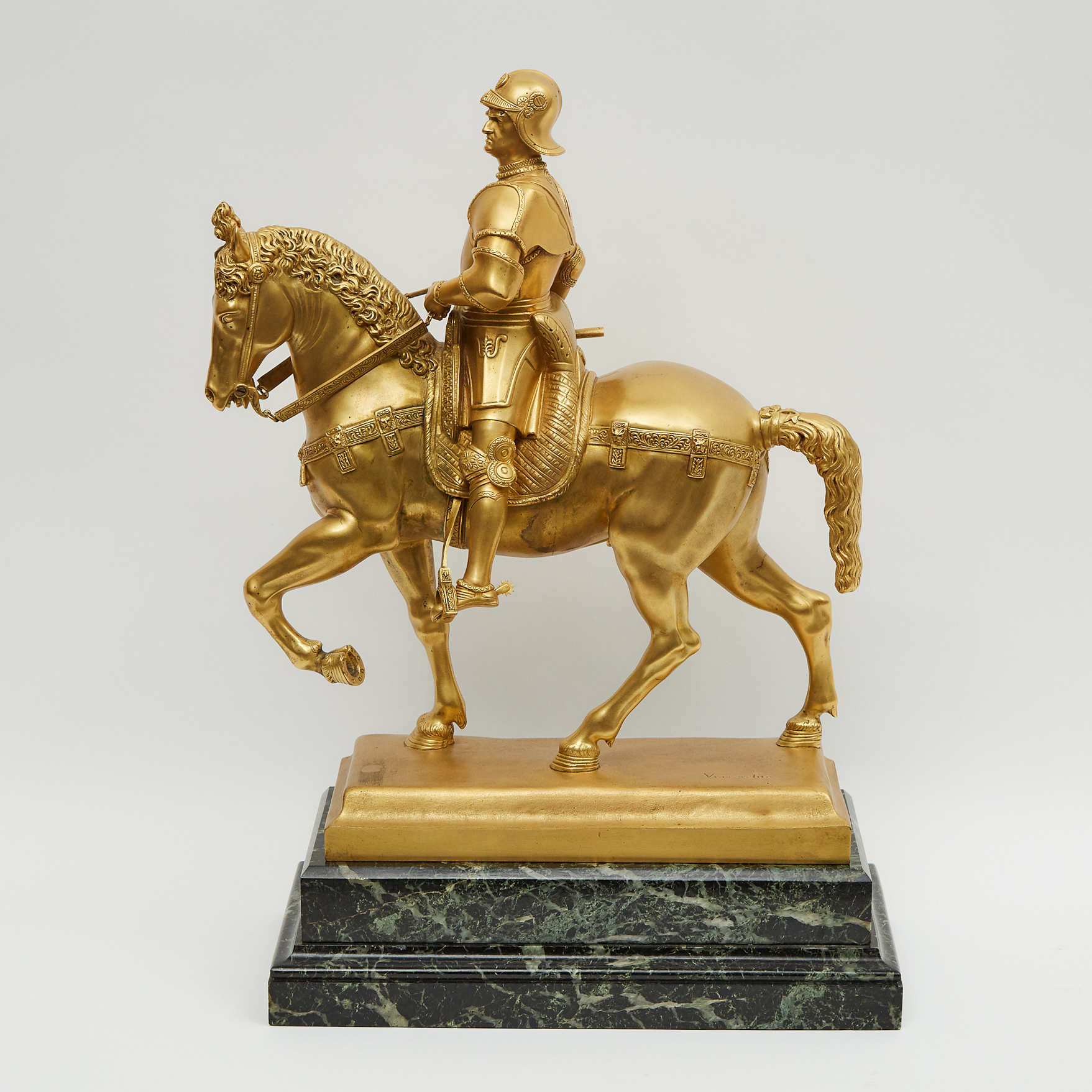 Large Italian Gilt Bronze Equestrian Group of the Condottiere Bartolomeo Colleoni, 20th century