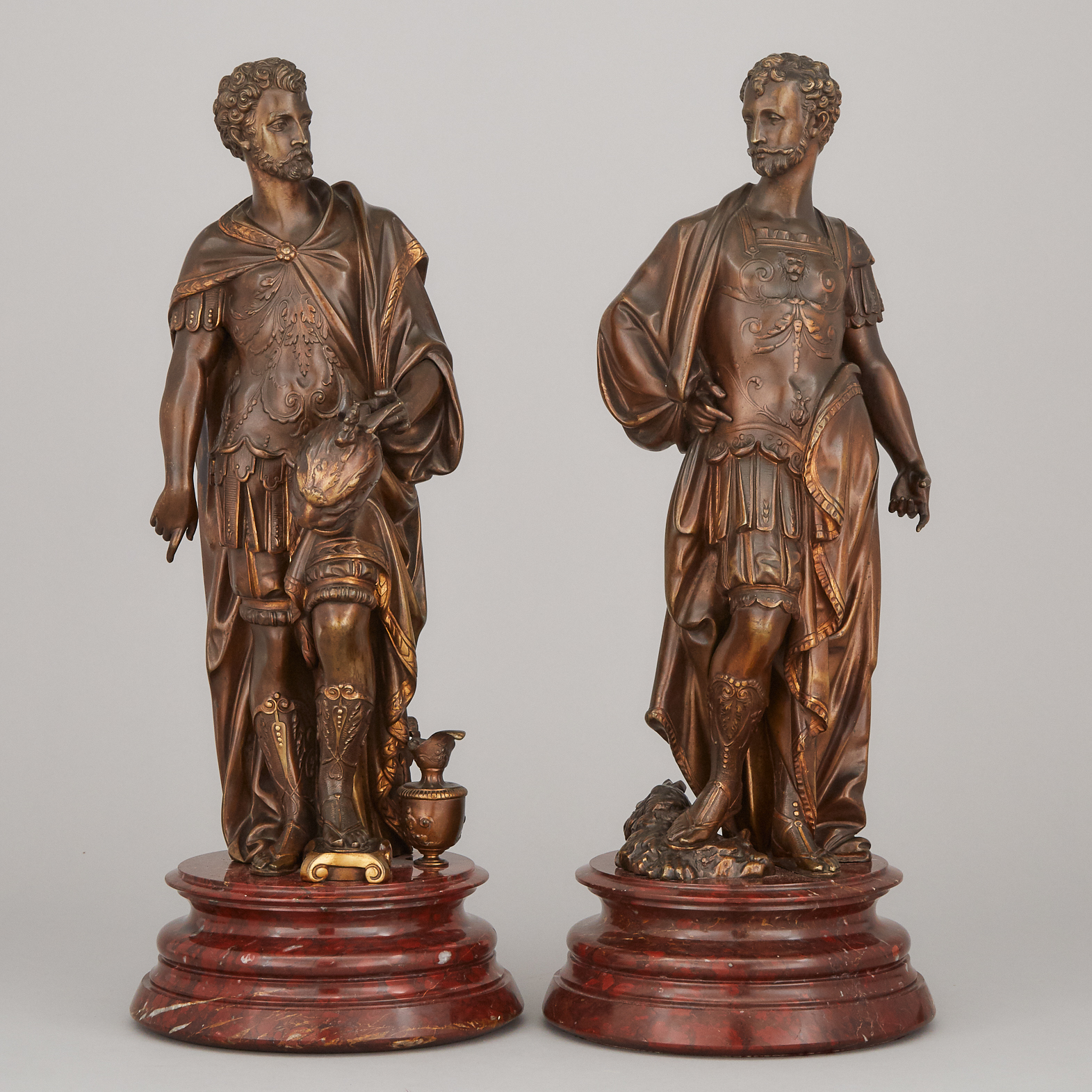 Pair of French School Patinated and Gilt Bronze Figures of Roman Soldiers, 19th century