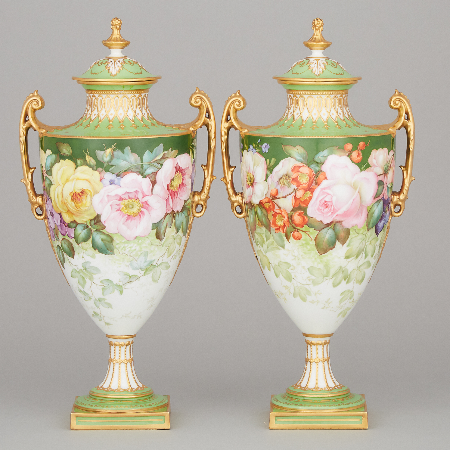 Pair of Royal Crown Derby Apple Green Ground Two-Handled Vases with Covers, Albert Gregory, 1906/08
