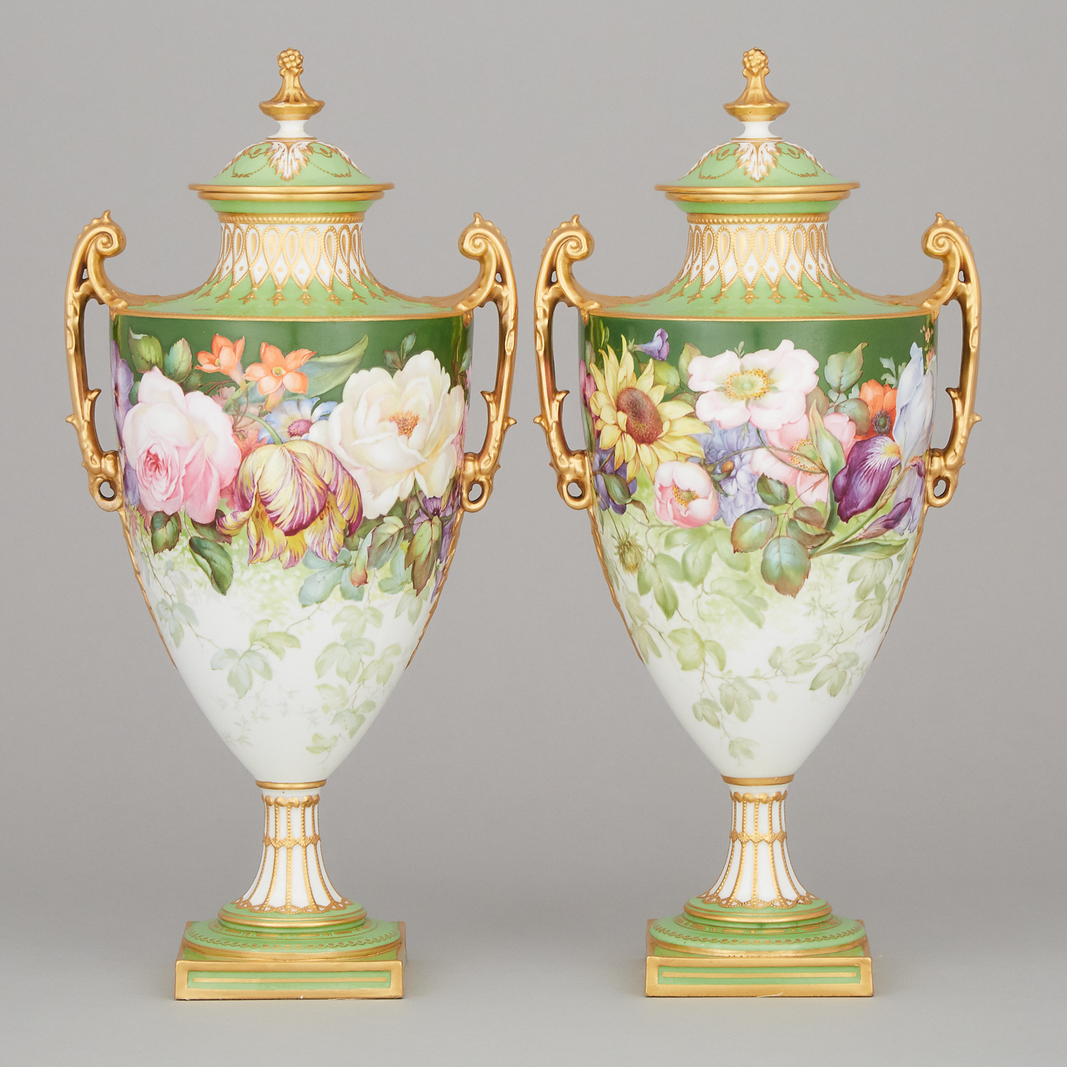 Pair of Royal Crown Derby Apple Green Ground Two-Handled Vases with Covers, Albert Gregory, 1906/08