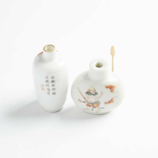 Two Famille Rose Porcelain 'Zhong Kui' Snuff Bottles, 19th Century
