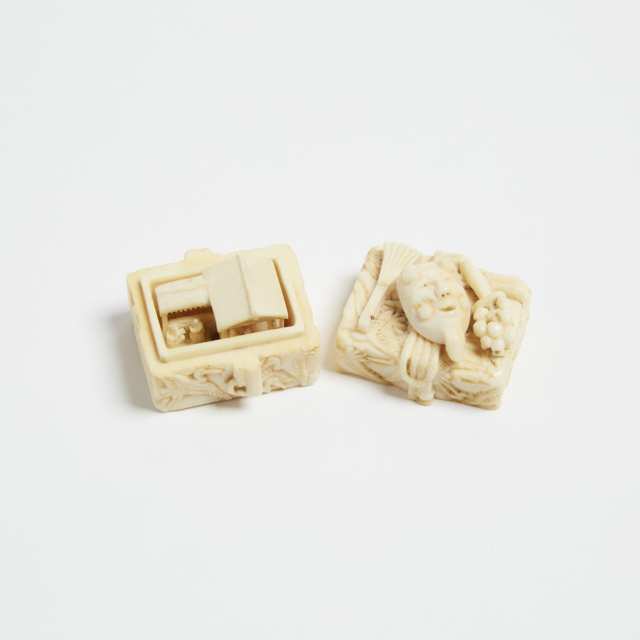 A Ivory Trick Netsuke of a Theatre within a Box, Signed Kagetoshi, Early 19th Century