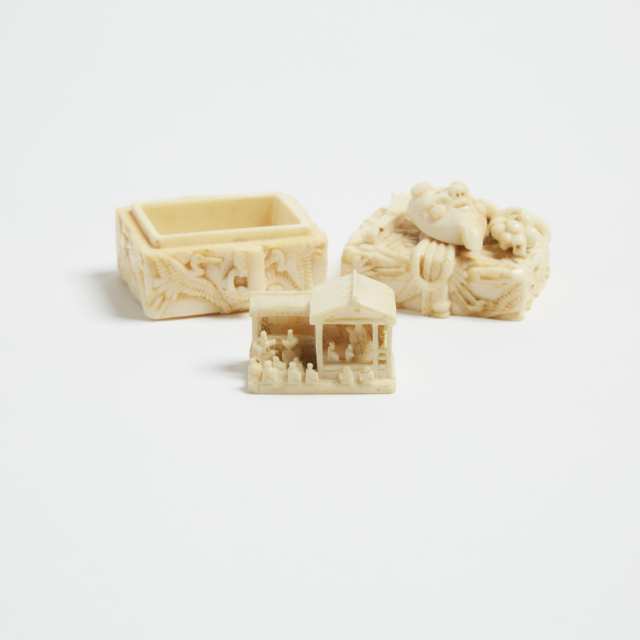 A Ivory Trick Netsuke of a Theatre within a Box, Signed Kagetoshi, Early 19th Century