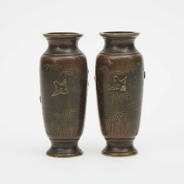 A Pair of Miniature Bronze Mixed Metal Inlaid Vases, Meiji Period