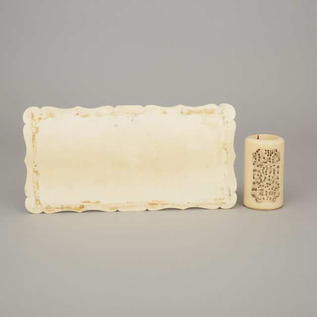 An Ivory Carved 'Landscape' Panel and Miniature Brushpot, 19th Century