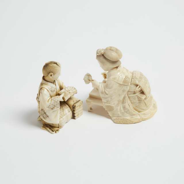 Two Ivory Okimono of a Textile Worker and an Artist, One Signed Nobutaka, Meiji Period