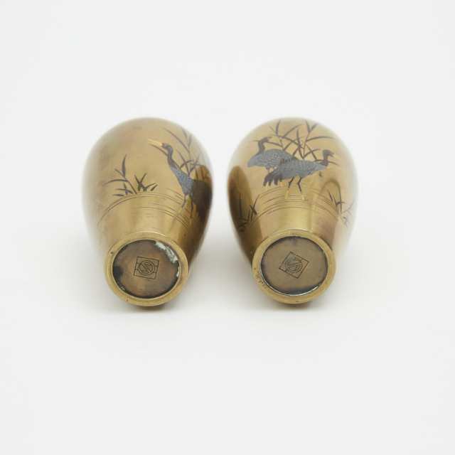 A Pair of Miniature Bronze 'Crane' Vases, Nogawa Mark, Meiji Period