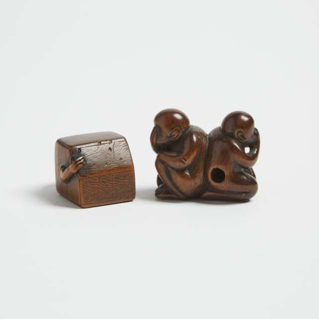Two Wood Netsuke of an Oni in a Box and Monkeys, 18th/19th Century