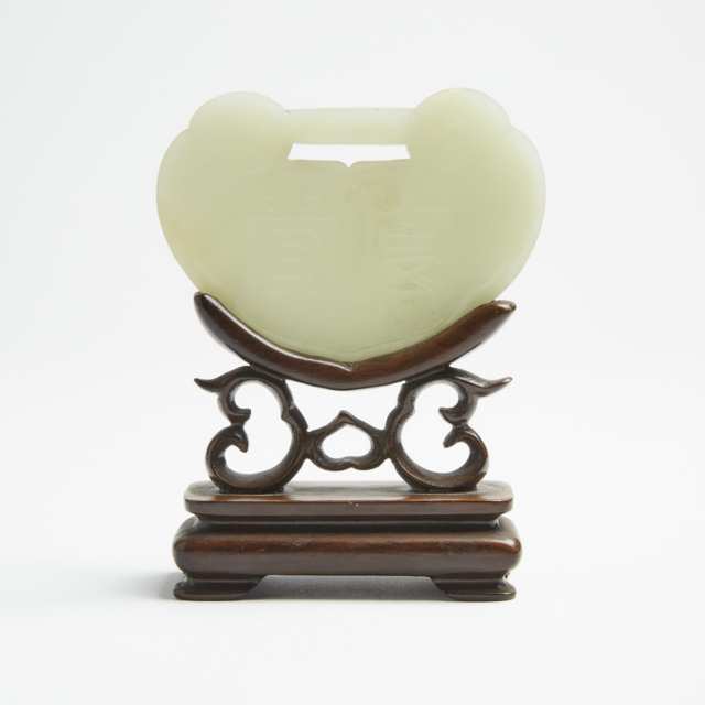 A White Jade Lock-Form Plaque with Stand, Late Qing Dynasty