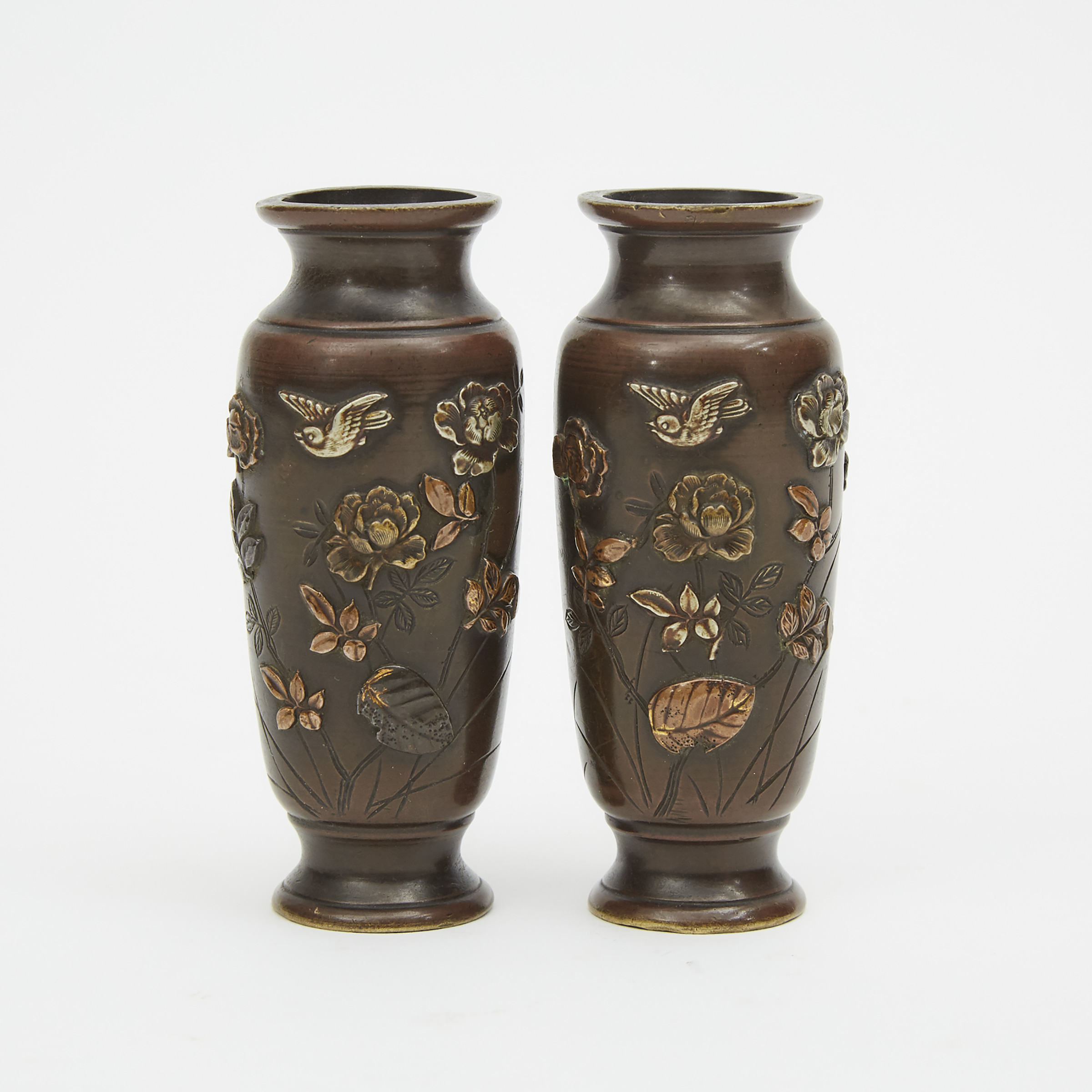 A Pair of Miniature Bronze Mixed Metal Inlaid Vases, Meiji Period