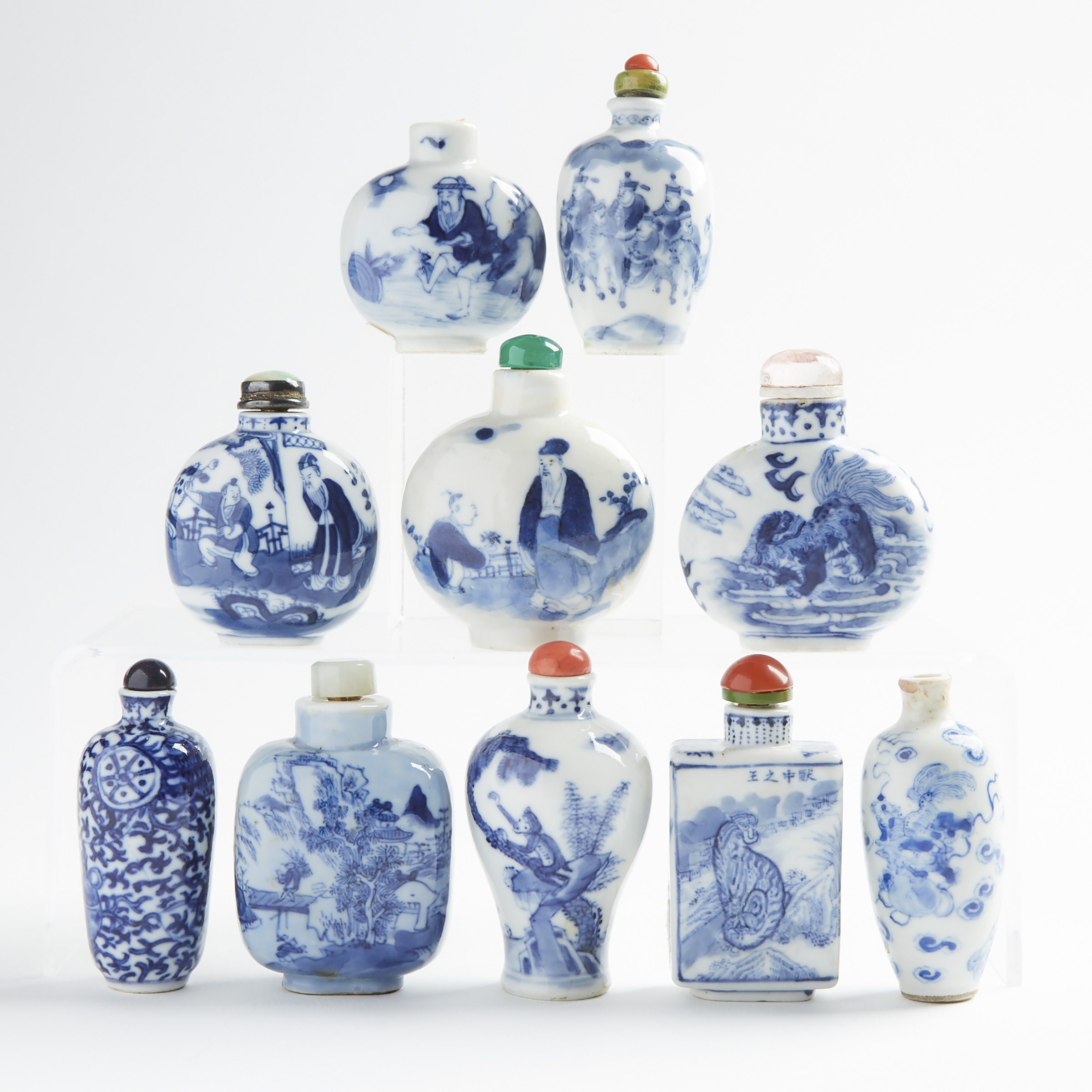 A Group of Ten Blue and White Snuff Bottles, 19th/20th Century