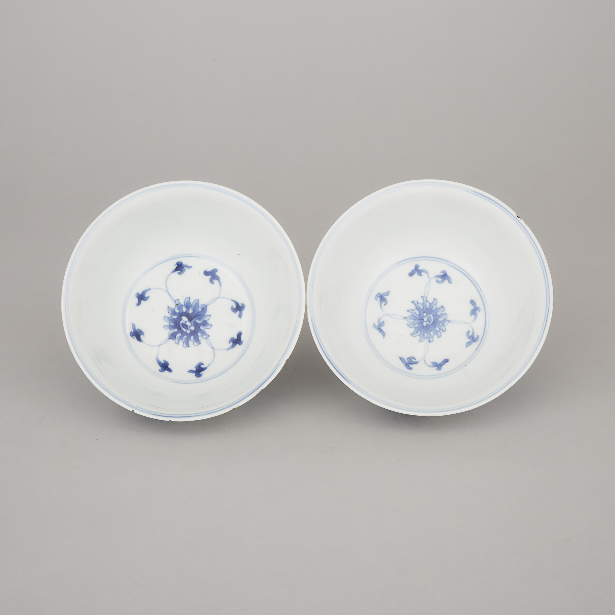 A Pair of Blue and White 'Peony' Bowls, Chenghua Mark, Kangxi Period (1662-1722)