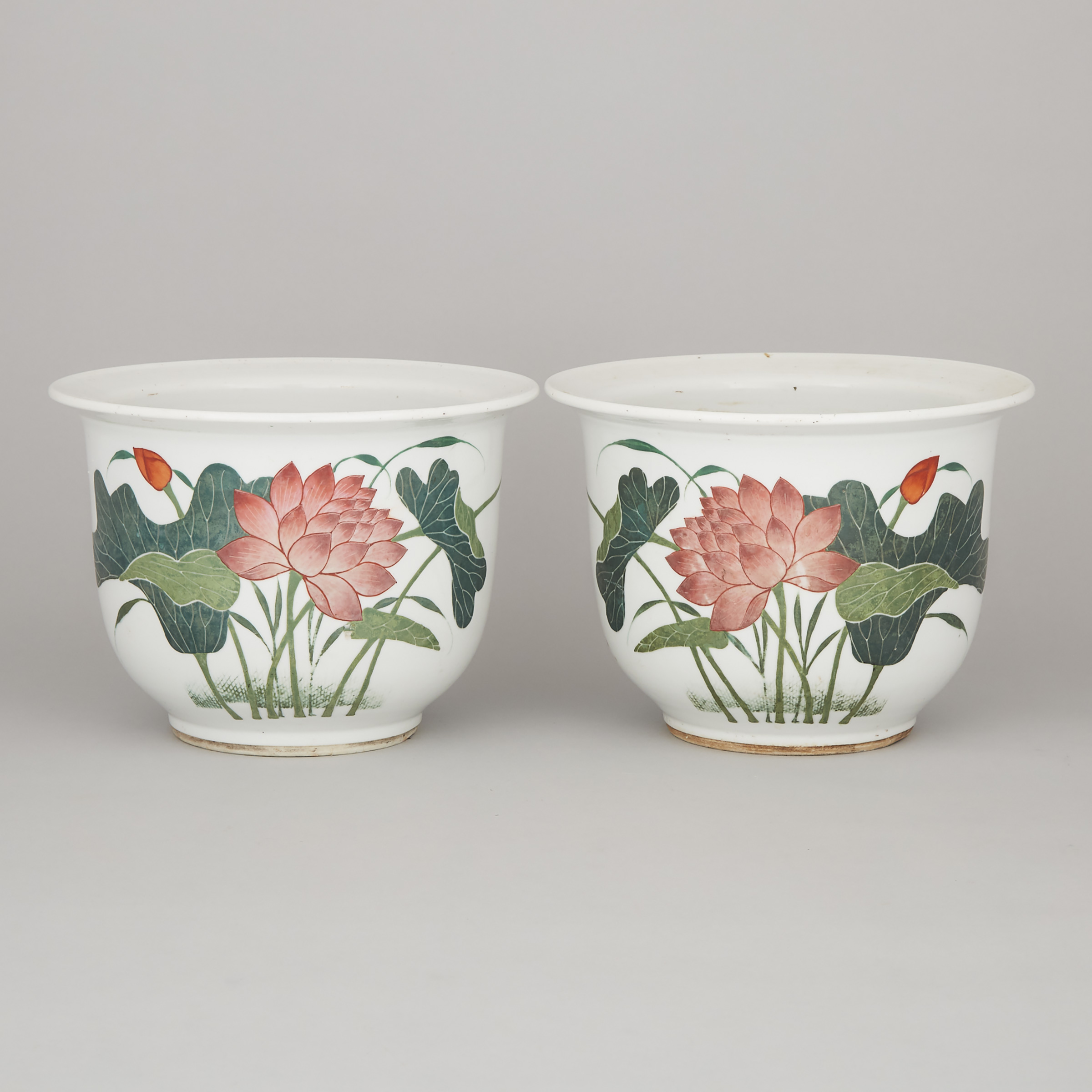 A Pair of Enameled Porcelain 'Lotus' Planters, Signed Dai Yucheng and Dated 1917