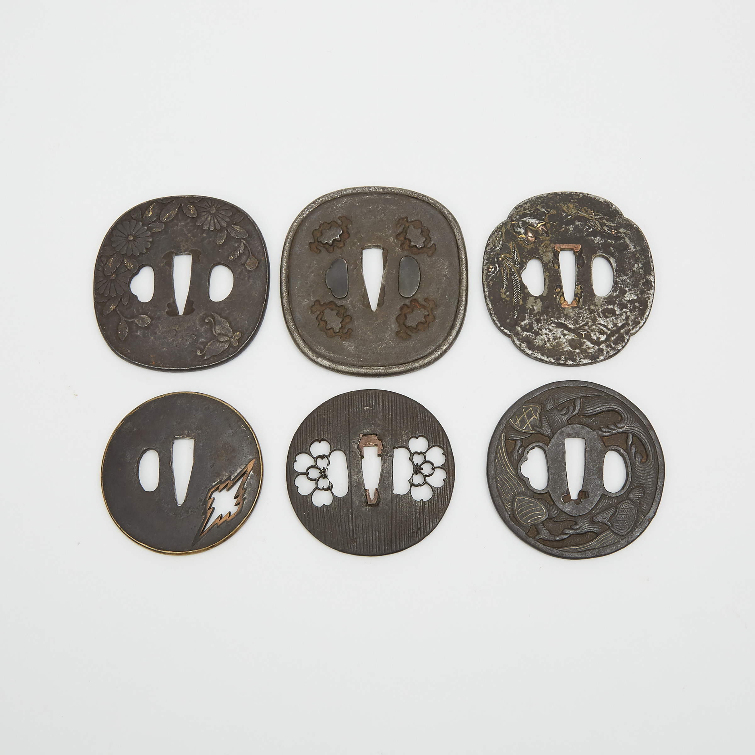 A Group of Six Iron Tsuba, Edo/Meiji Period