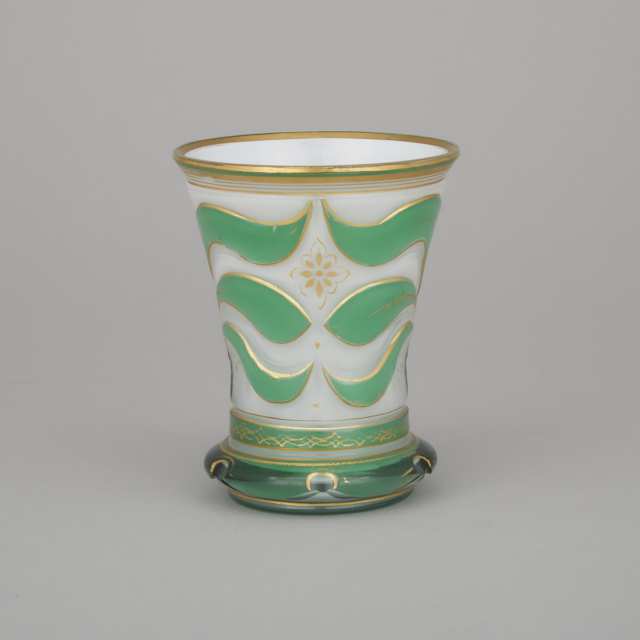 Bohemian Green Overlaid, Cut and Gilt Opaque White Cased Glass Beaker, mid-19th century