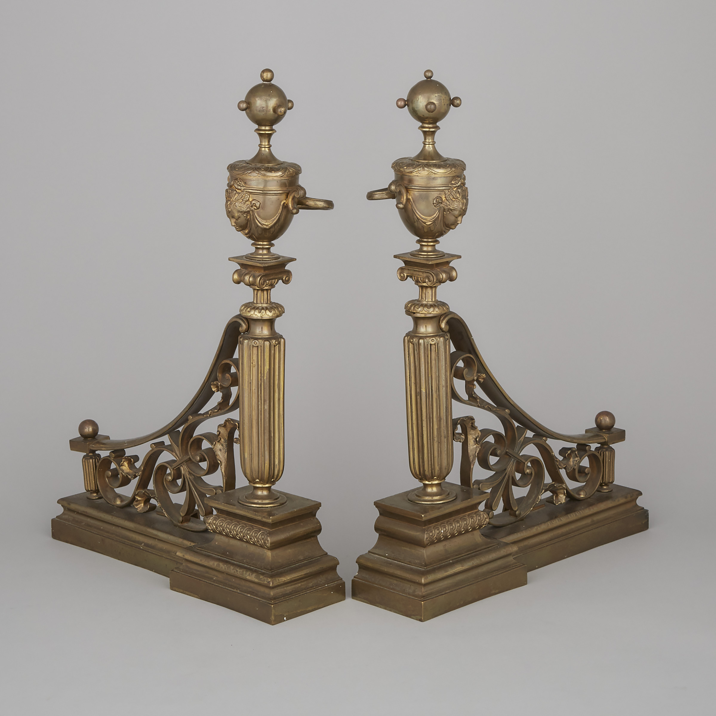 Pair of French Neoclasical Brass Andirons, 19th century
